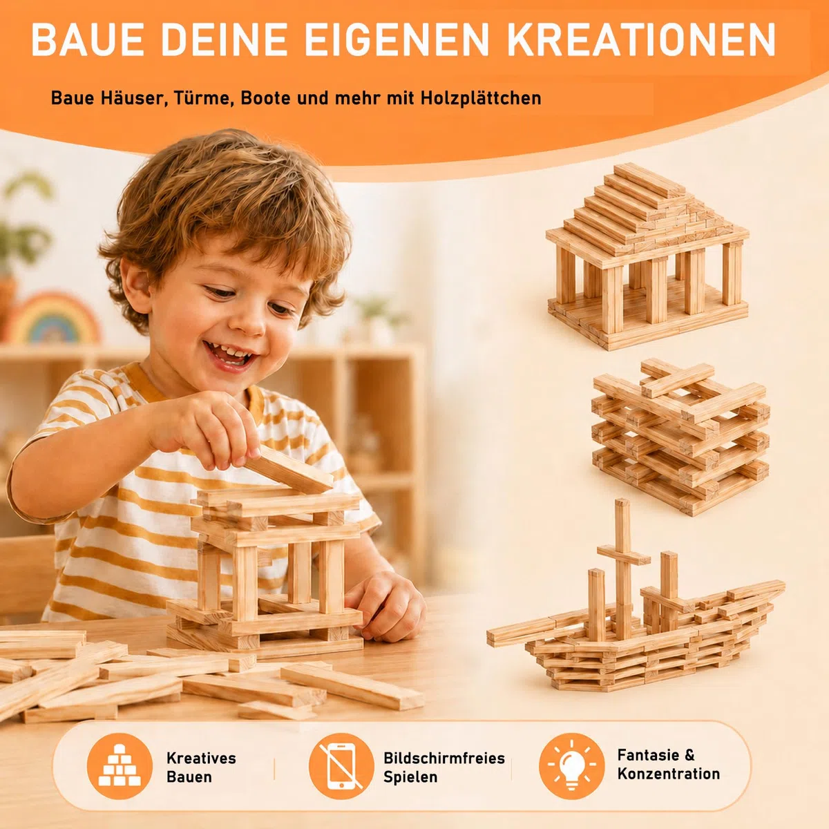 Liangding Blocchi di Costruzione in Legno Naturale – 100 Pezzi Montessori 100x20x7 mm, Gioco Educativo e Creativo per Bambini, Fai-da-te e Attività Manuali
