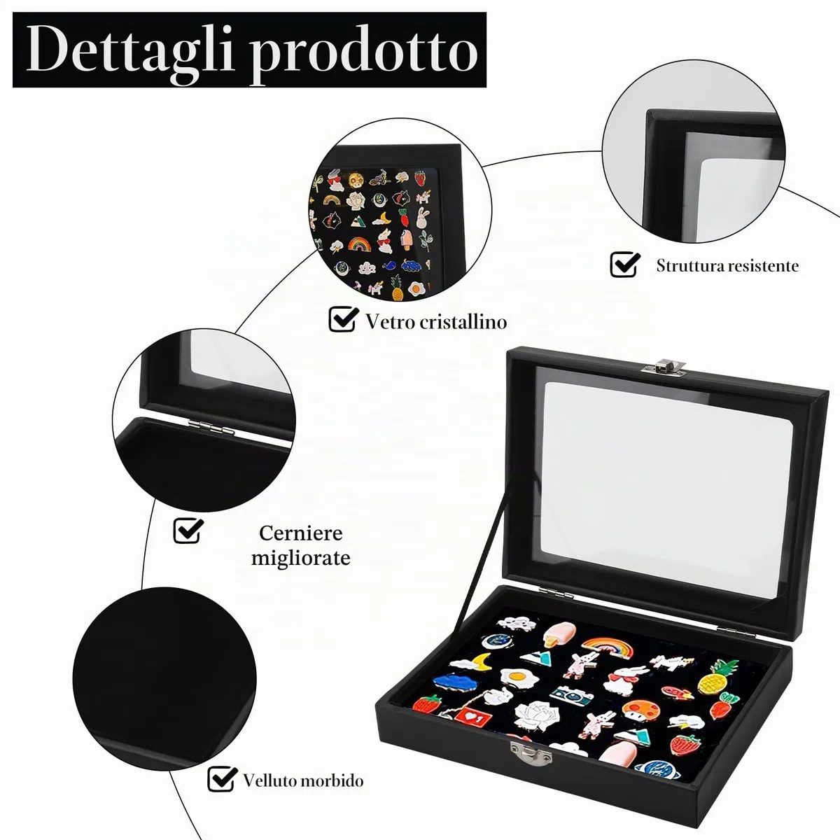 Vetrina in velluto nero,Vetrina della collezione Pin con stoccaggio in ordine trasparente per spille da bavero in velluto con supporto in legno e chiusure in ferro per