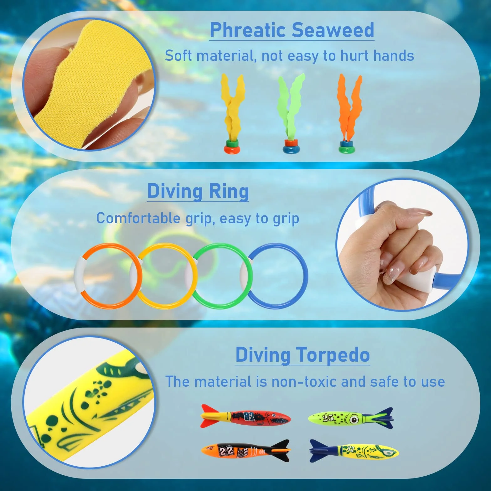 Set di 11 giocattoli subacquei subacquei per bambini dai 4 ai 12, anello sommergibile per alghe, giocattolo per acqua, set estivo per feste in piscina, regalo per ragazzi e ragazze