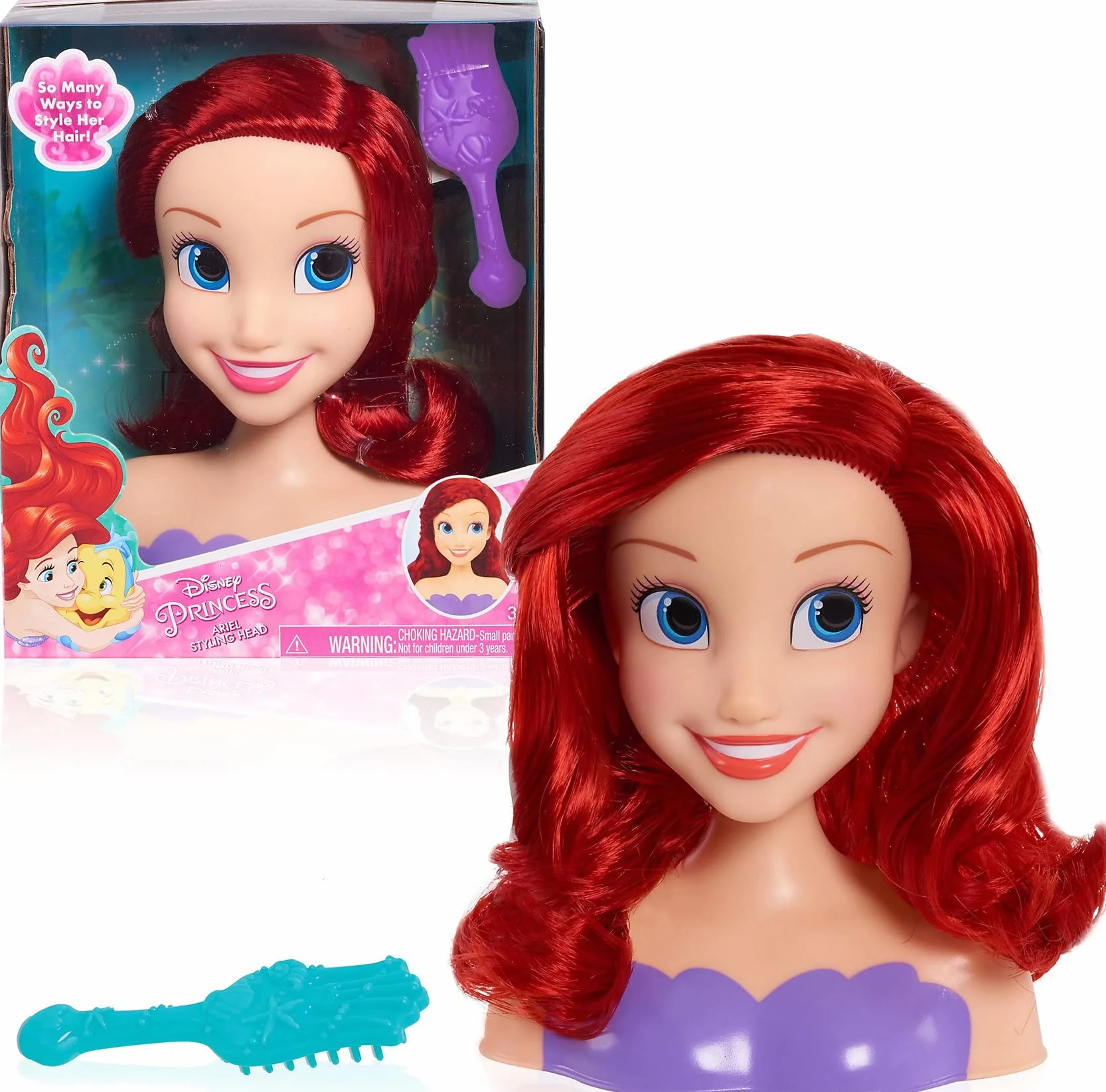 Disney Princess Ariel - Mini Testina da Parrucchiere, 14 cm, con Spazzola per Capelli, per Divertimento, dai 3 Anni in su, Just Play