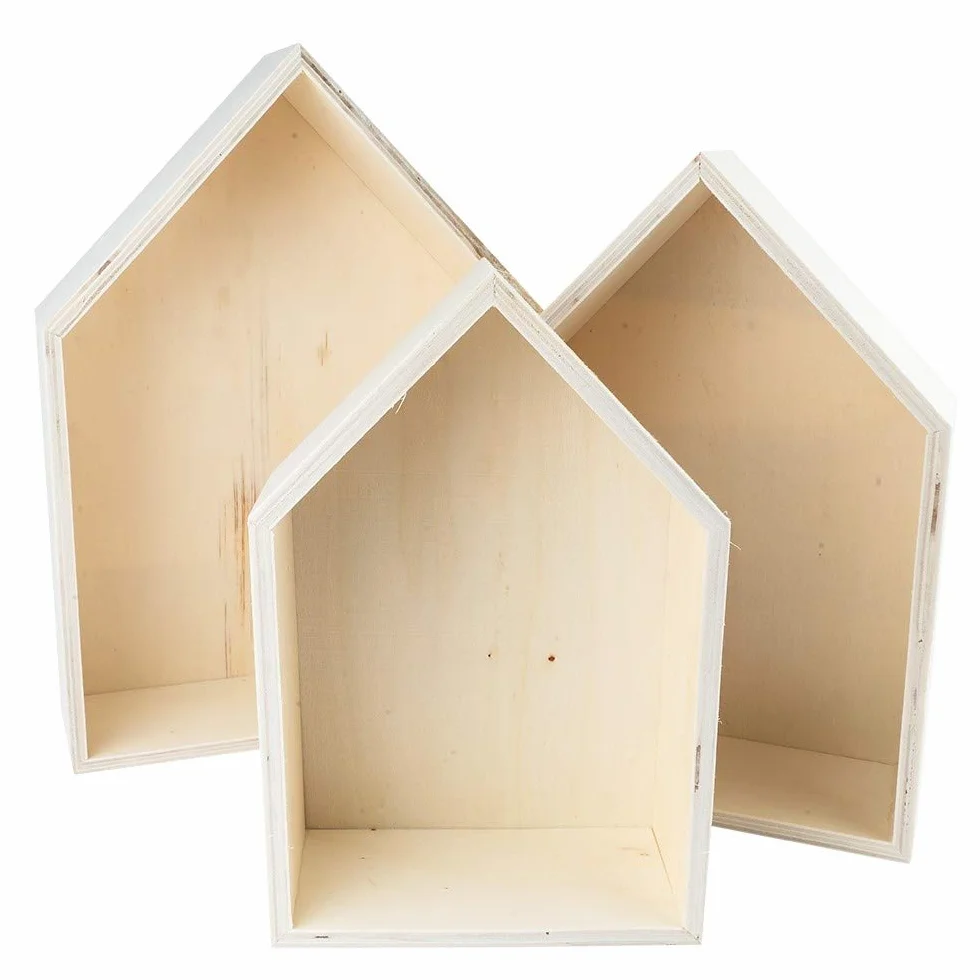 Set di cornici in legno a forma di casa, 3 pezzi, scatola in legno a forma di casa, mensola da parete, scaffale, decorazione da parete, per bricolage e dipingere, 3 diverse misure