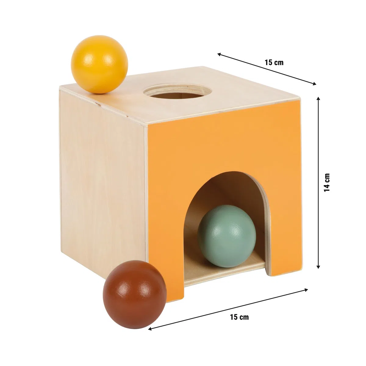 Small Foot Scatola di Palline Montessori in Legno FSC 100% Certificato, Giocattolo per l'apprendimento con 3 Palline, Giocattolo per la motricità per Bambini Piccoli a Partire da 1 Anno, 12744