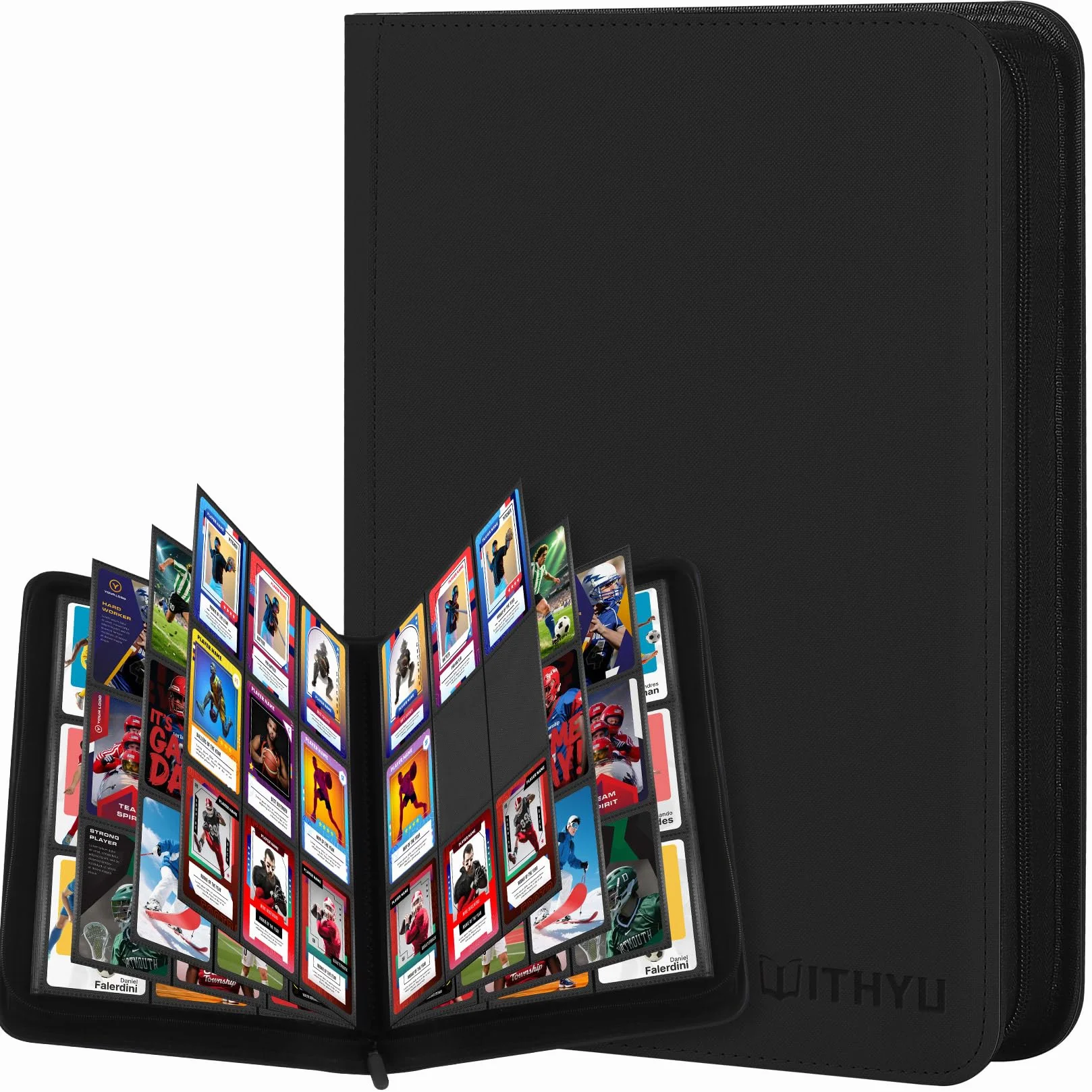WITHYU Album da Collezione per Carte con 9 Tasche, Capienza 540 Carte - Portacarte Impermeabile con Caricamento Laterale e Cerniera per TCG, Calcio & Collezione, Portatile (Nero)