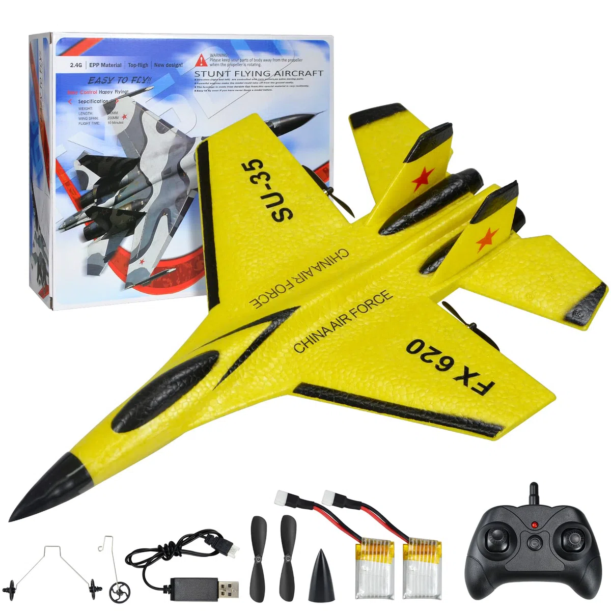 Aereo Telecomandato SU35, Aereo RC, 2.4G 2CH Aeroplano Telecomandato con Sistema giroscopico a 3 assi 2 Batterie e LED, Aliante Volante Telecomandato per Adatto a Bambini e Principianti(Yellow)