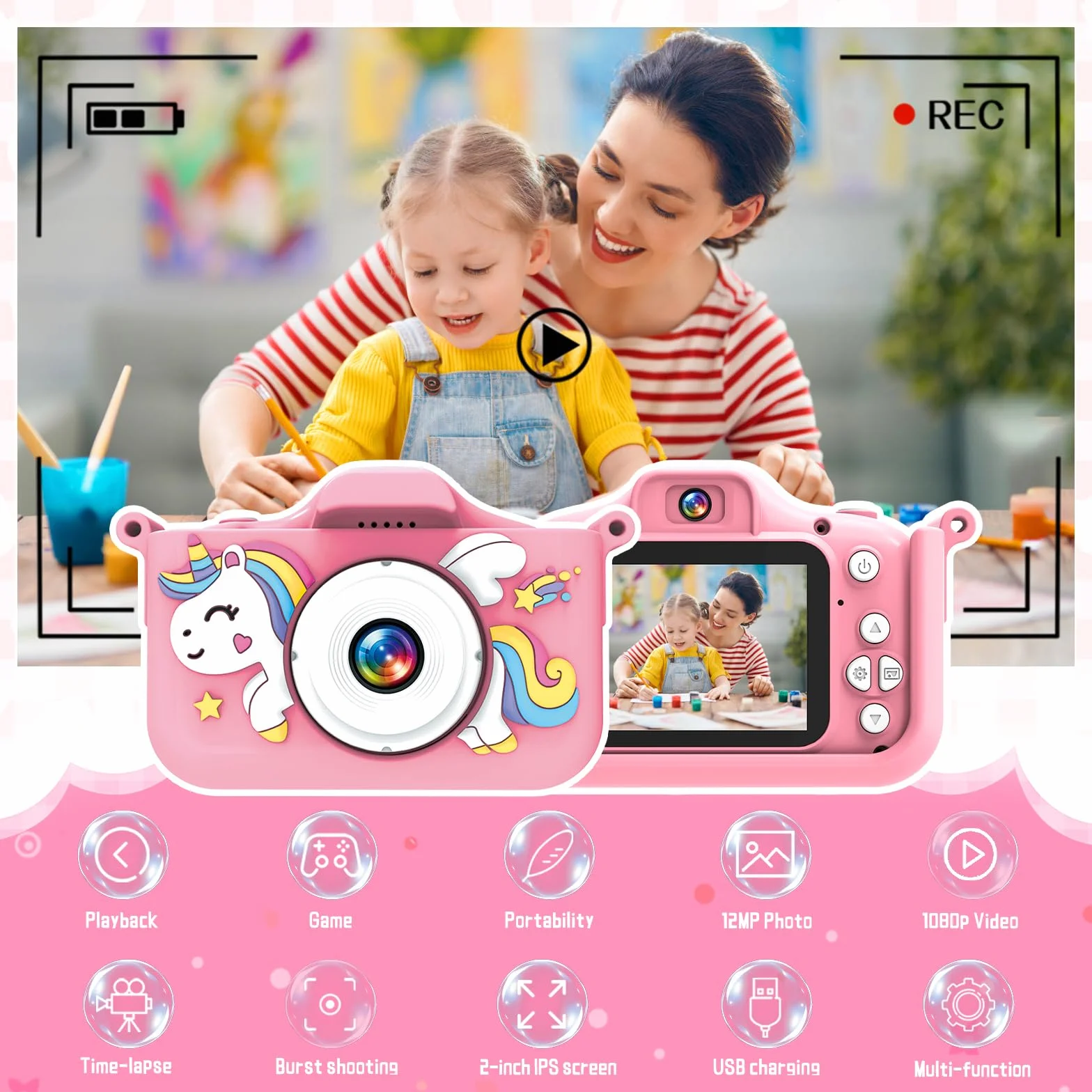 Fotocamera per bambini 1080P con 32GB e giochi - Fotocamera digitale per bambini dai 3 anni in su, fotocamera selfie con custodia in silicone unicorno, funzione di ricarica USB, musica e giochi