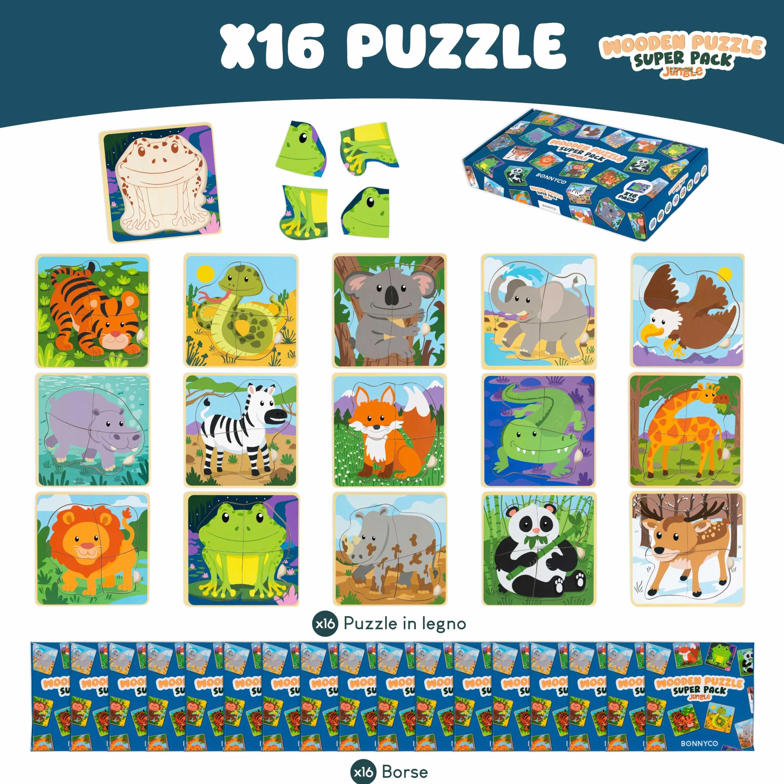 BONNYCO Puzzle in Legno 16 Pezzi per Bambini 1-5 Anni Gadget Compleanno