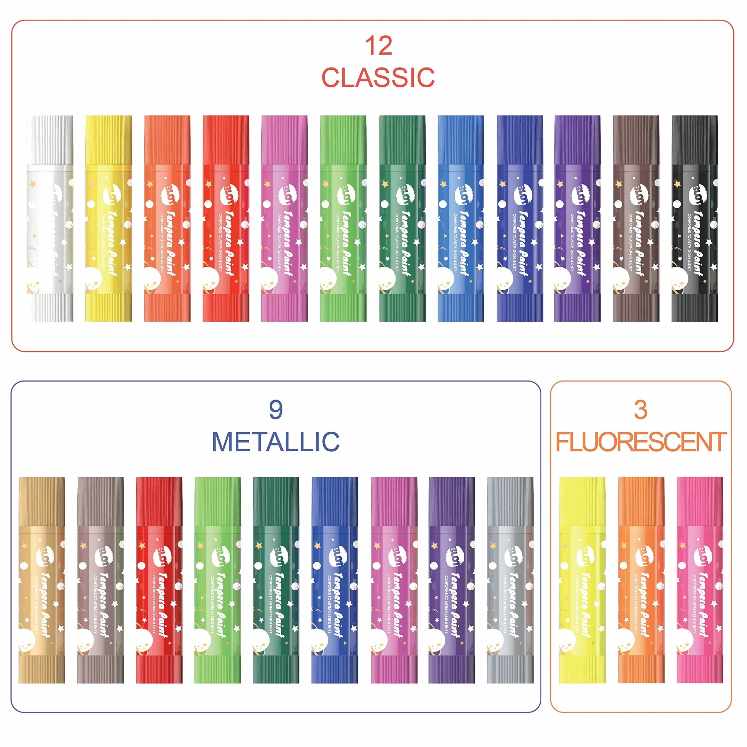 BLOT Tempere Solide Stick 24 Colori Set Tempere Colori Non Tossici Lavabili per Carta Vetro Cartone Vasi Bambini