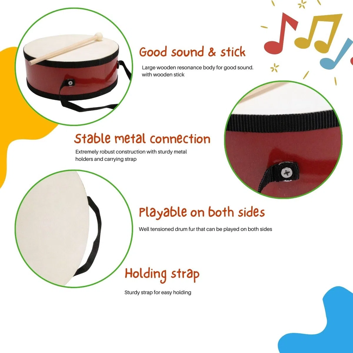 Tamburo per bambini, strumento musicale in legno con tracolla e stick D: 20 cm - 3847