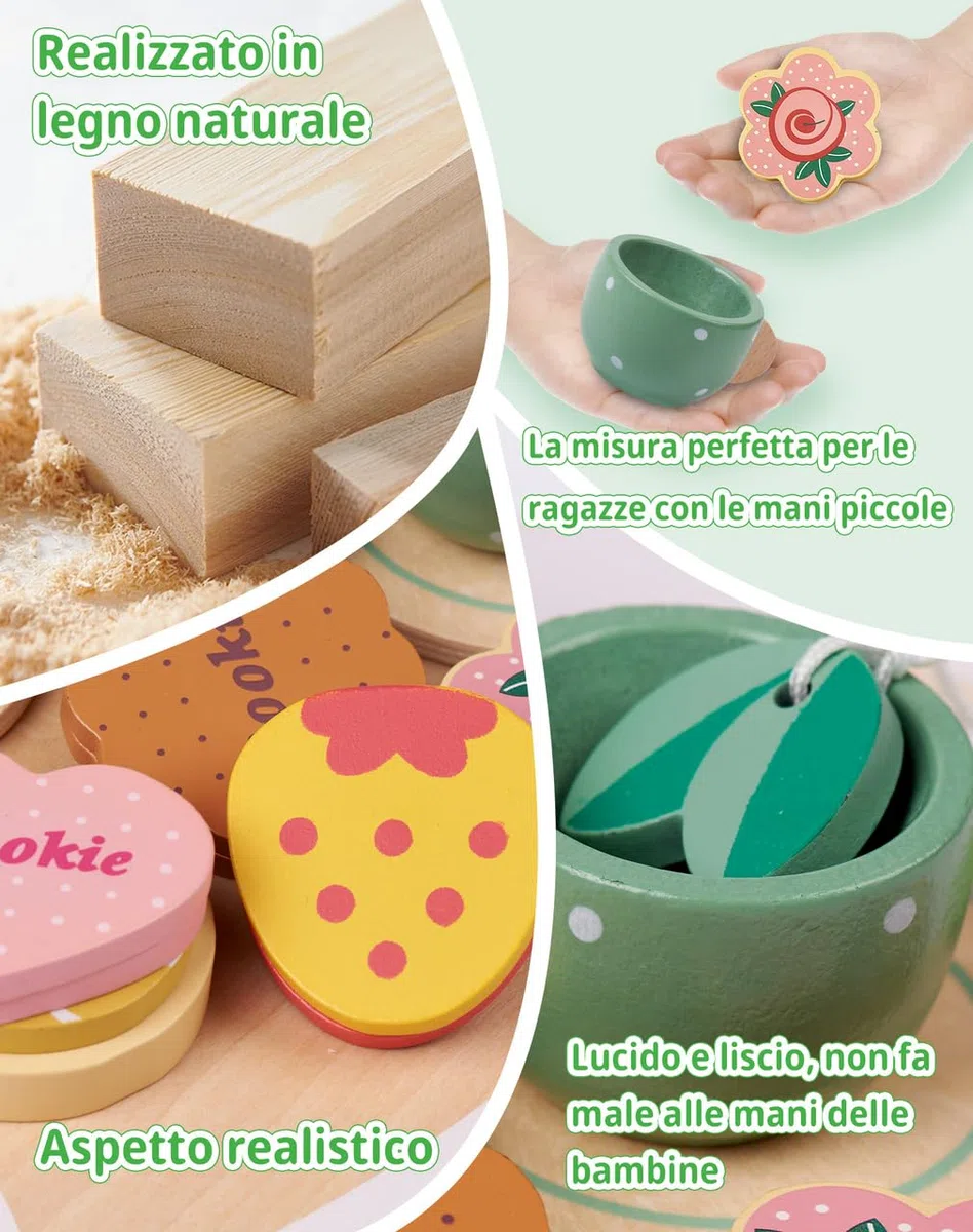 Set da Tè Giocattoli in Legno per Bambini 3-7 Anni Cucina Giocattolo Tea Party Educativi Montessori Gioco di Imitazione per Ragazze Regalo Compleanno Pasqua Halloween Natale per Bambina 3 4 5 6 Anni