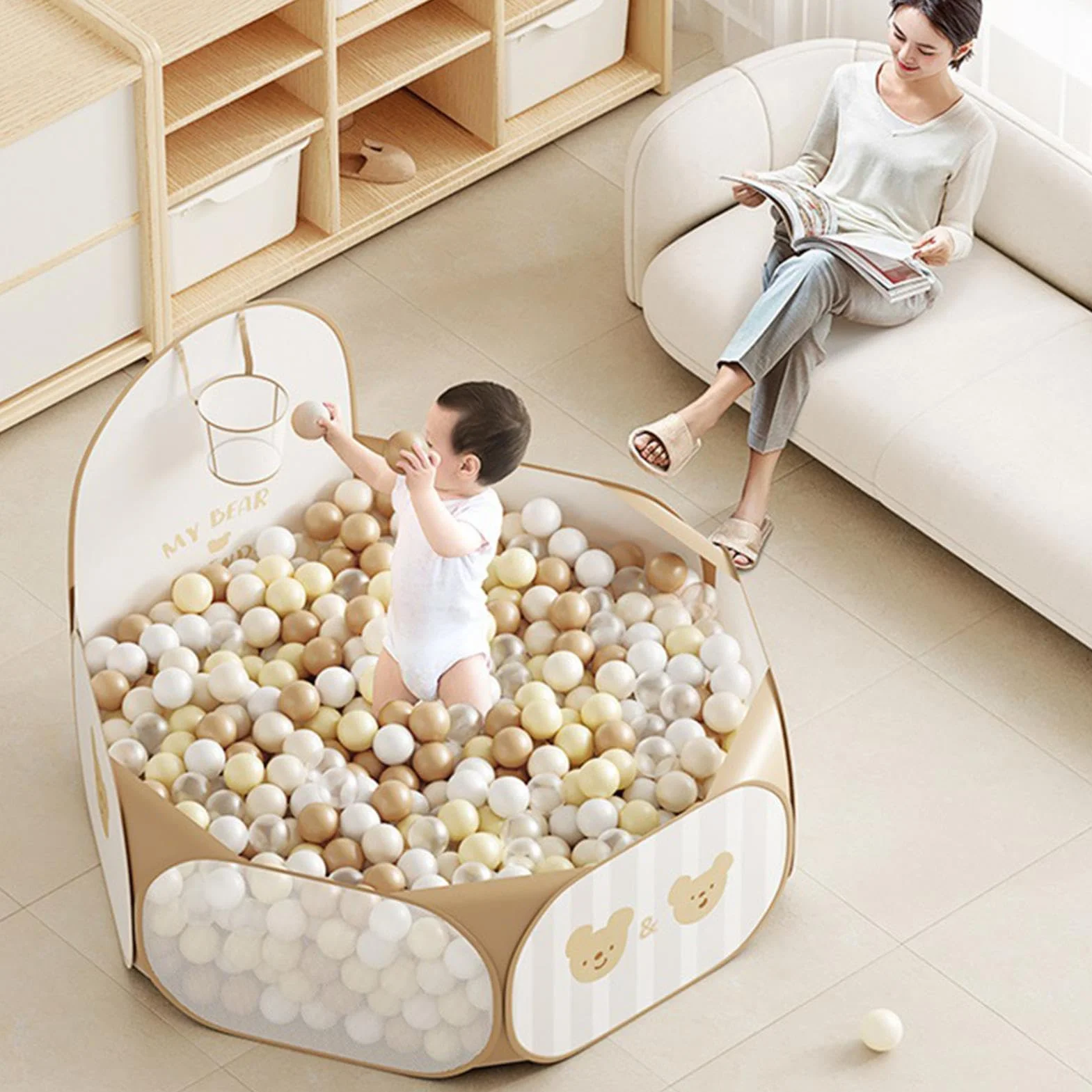 Piscina Di Palline Per Bambini Pieghevole, 80x108cm Recinto Con Palline Per Bambini, Con Cerchio Da Basket, Borsa Portaoggetti, parcos Giochi Bambinis, Per Interni/Esterni, Pallines Non Incluse