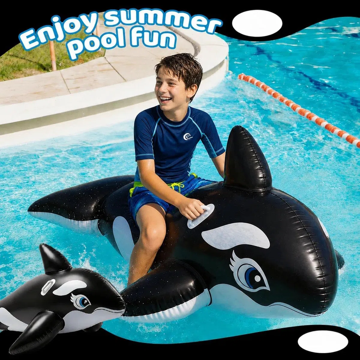 Balena Gonfiabile per Piscina, dellyy Cavalcabile Gonfiabile Bambini, Orca Gonfiabile Galleggiante Piscina, Anello di Nuoto con Corrimano per Spiaggia e Piscina