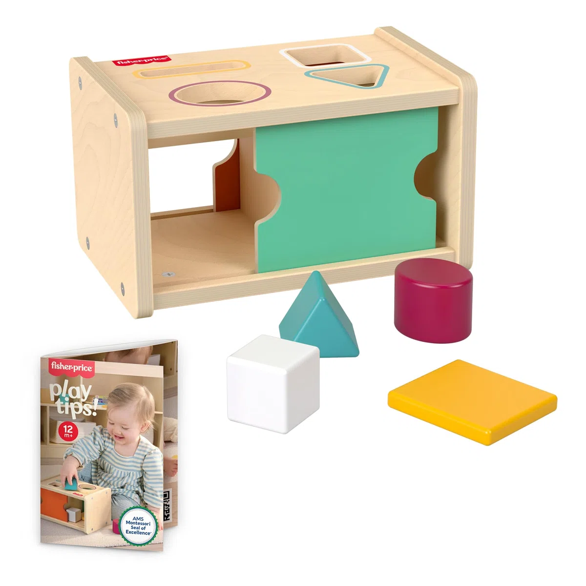 Fisher-Price - Scatola Cercaforme Montessoriana, Set in Legno per attività di coordinazione Occhio-Mano e apprendimento con 4 Forme Diverse Incluse, 12+ Mesi, JHC06