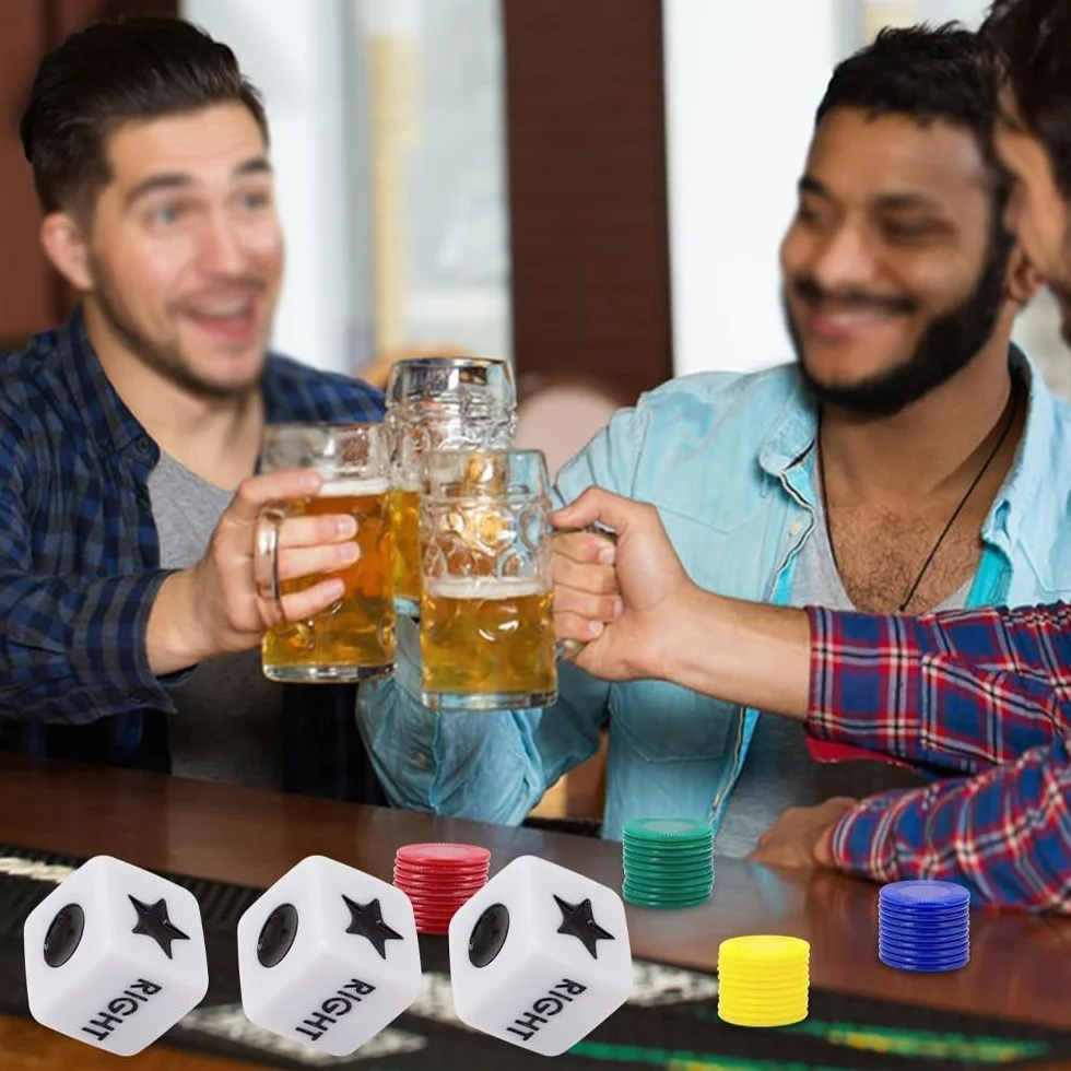 Sarini Gioco di dadi sinistra centro destra con 4 gettoni colorati, dadi a 3 stelle e istruzioni - Scatola di latta da 65 g, perfetta per feste, riunioni di famiglia e riunioni con gli amici