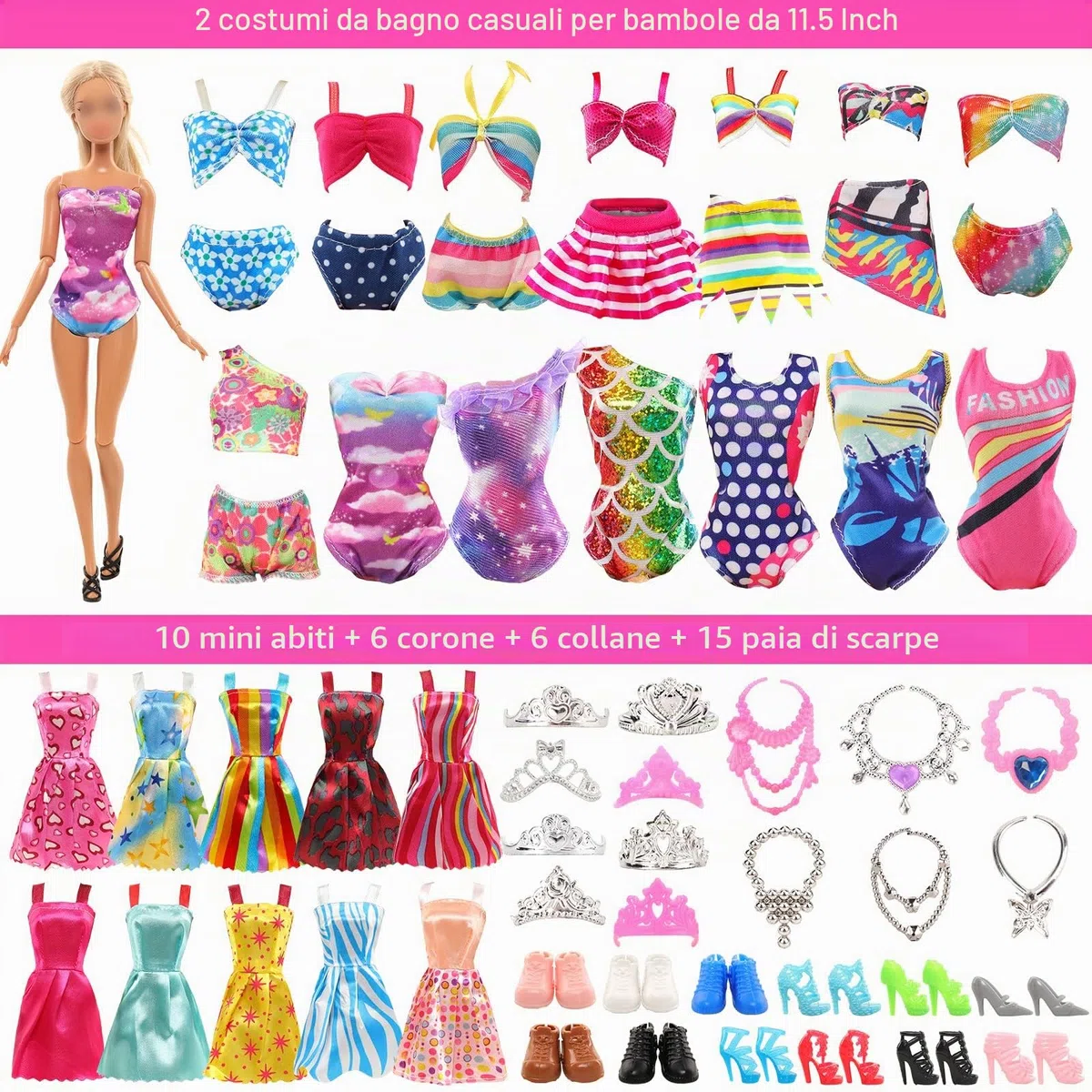 Miunana 47 Accessori per 11.5 Pollici 30 CM Bambola: 3 Vestiti Casuali + 2 Abiti + 2 Costumi da Bagno + 3 Vestiti da Sposa + 10 Moda Vestiti + 6 Corone + 6 Collane + 15 PCS Scarpe