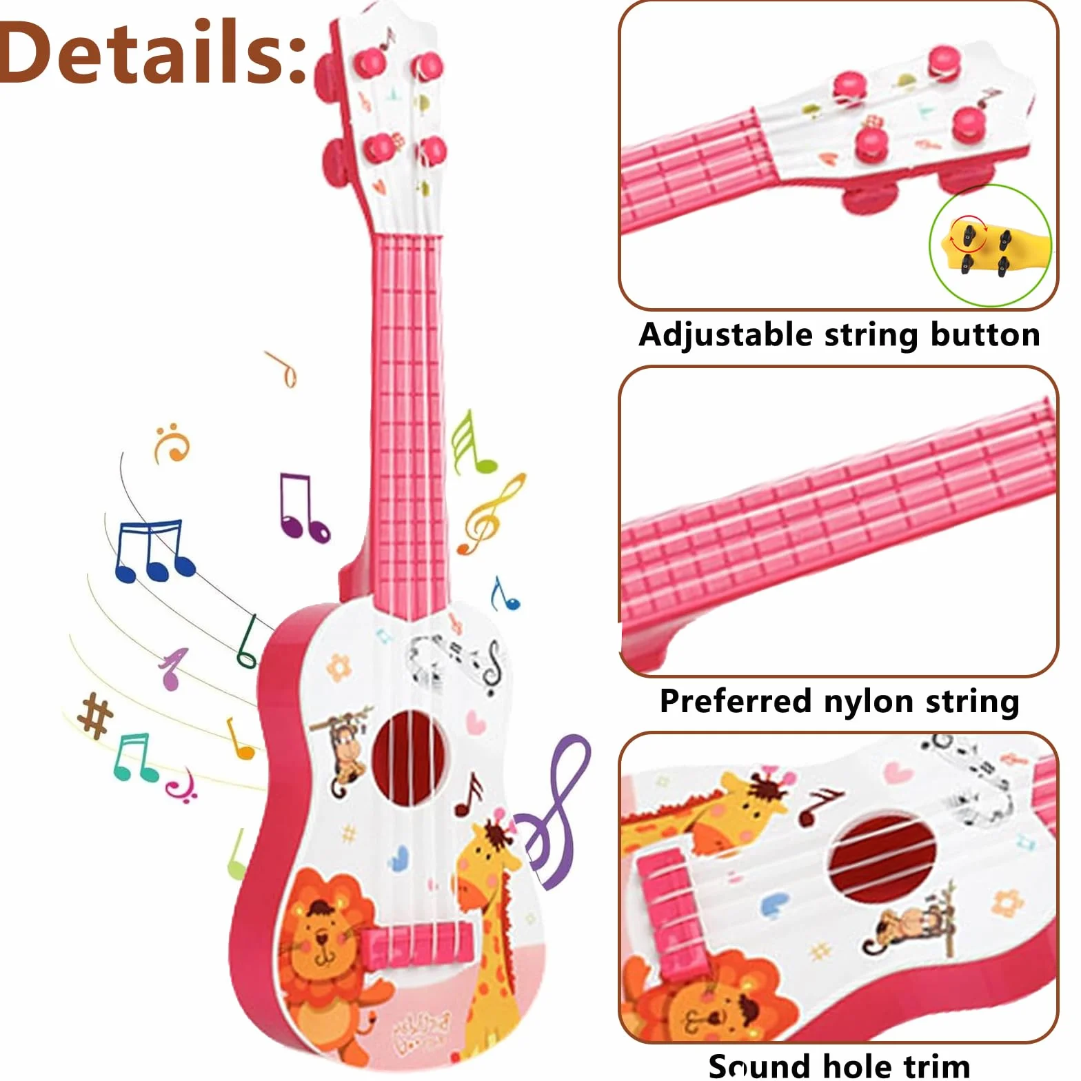 41CM Chitarra Giocattolo, Plastica Ukulele per Bambini, Mini Chitarra Bambini, Musica Giocattoli Educativi, Chitarra con 3 Corde Regolabili, per Principiante (Rosa)