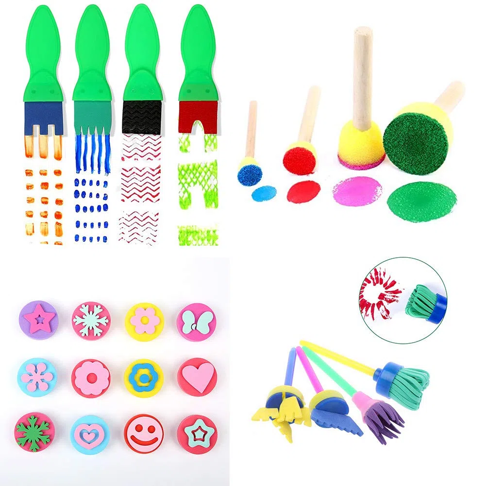Kit di Pittura per Bambini,57 Pezzi Early Learning Kids Set di Pittura tra Cui spugnetta, Pennello per Fiori, Set di pennelli, Grembiule Impermeabile a Manica Lunga e 26 Lettere, Borsa di stoccaggio