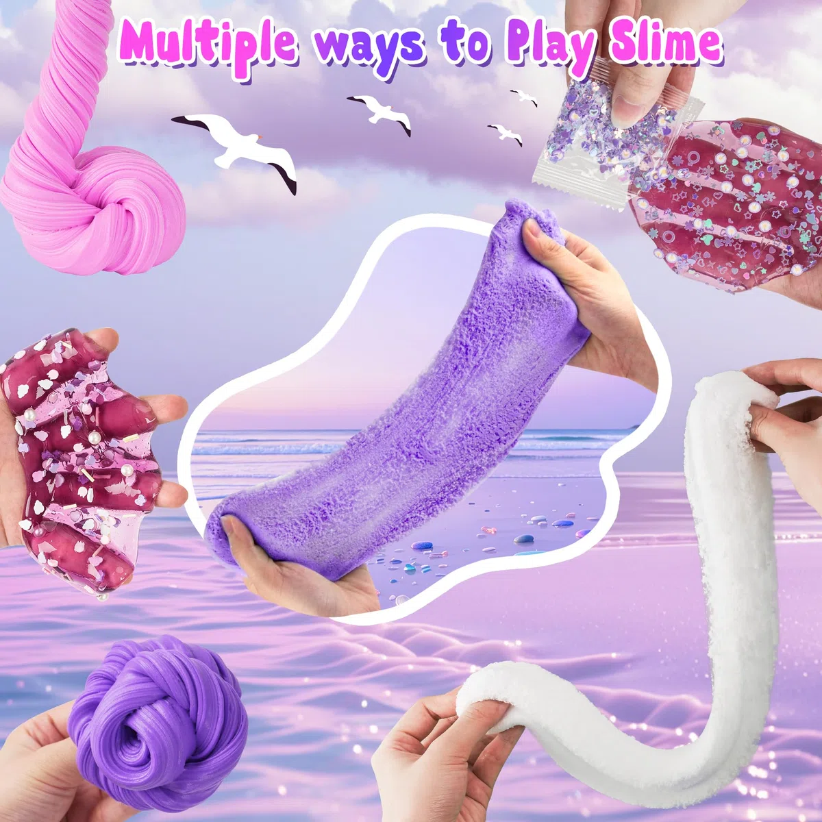 LAWOHO 6 Confezioni Kit Slime Viola - Cloud Slime, Butter Slime e Clear Slime, Slime per bambini con additivi, Bomboniere per feste Slime per ragazze e ragazzi, 360ml Slime per bambini (Spiaggia)