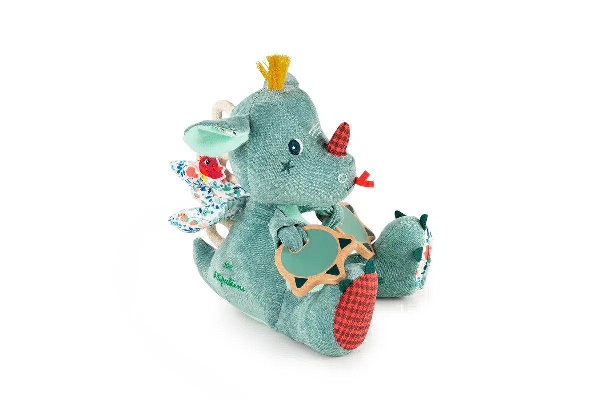 LILLIPUTIENS - Sonaglio attività Joe Il Drago - Peluche interattiva per Neonati con Specchio, sonaglio e Carta Frusciante - Stimola i Sensi, la motricità e l’immaginazione - Giocattolo educativo