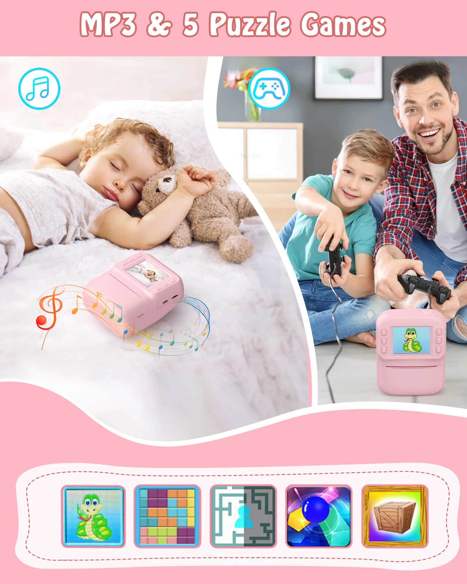 Macchina Fotografica Bambini, Schermo 2.4 HD Pollici e, Scheda da 32 GB e 3 Rotoli di Carta Fotografica, 1080P Macchina Fotografica Istantanea, Adatto Bambini dai 3 ai 12 Anni (Rosa)