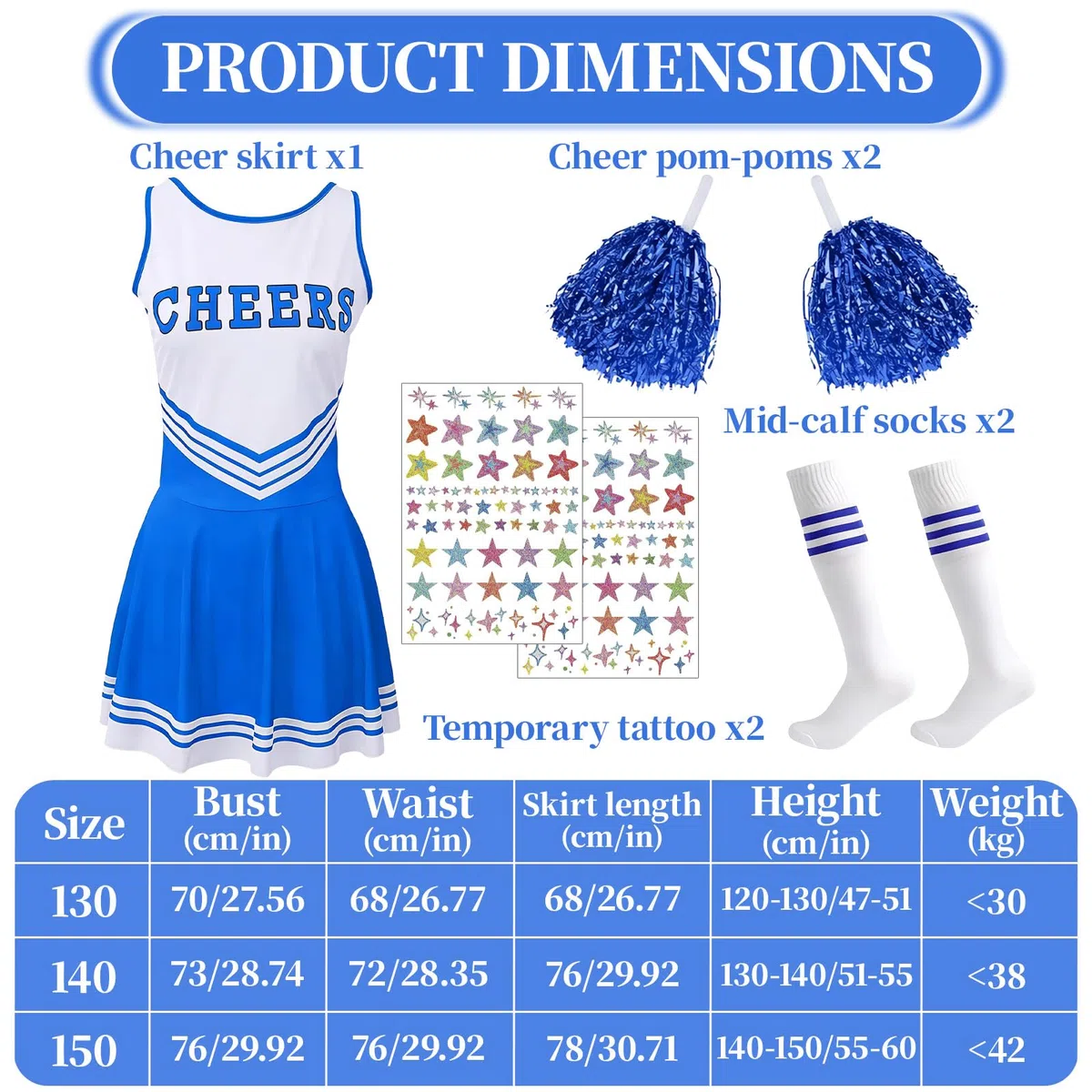 Cheerleader Costume Bambina, Vestito Cheerleader Bambina Ragazza Divise Abito, Bambini Cheerleading Outfit con Pompon Calcetines y 2 Adesivi, Carnevale Halloween Cosplay