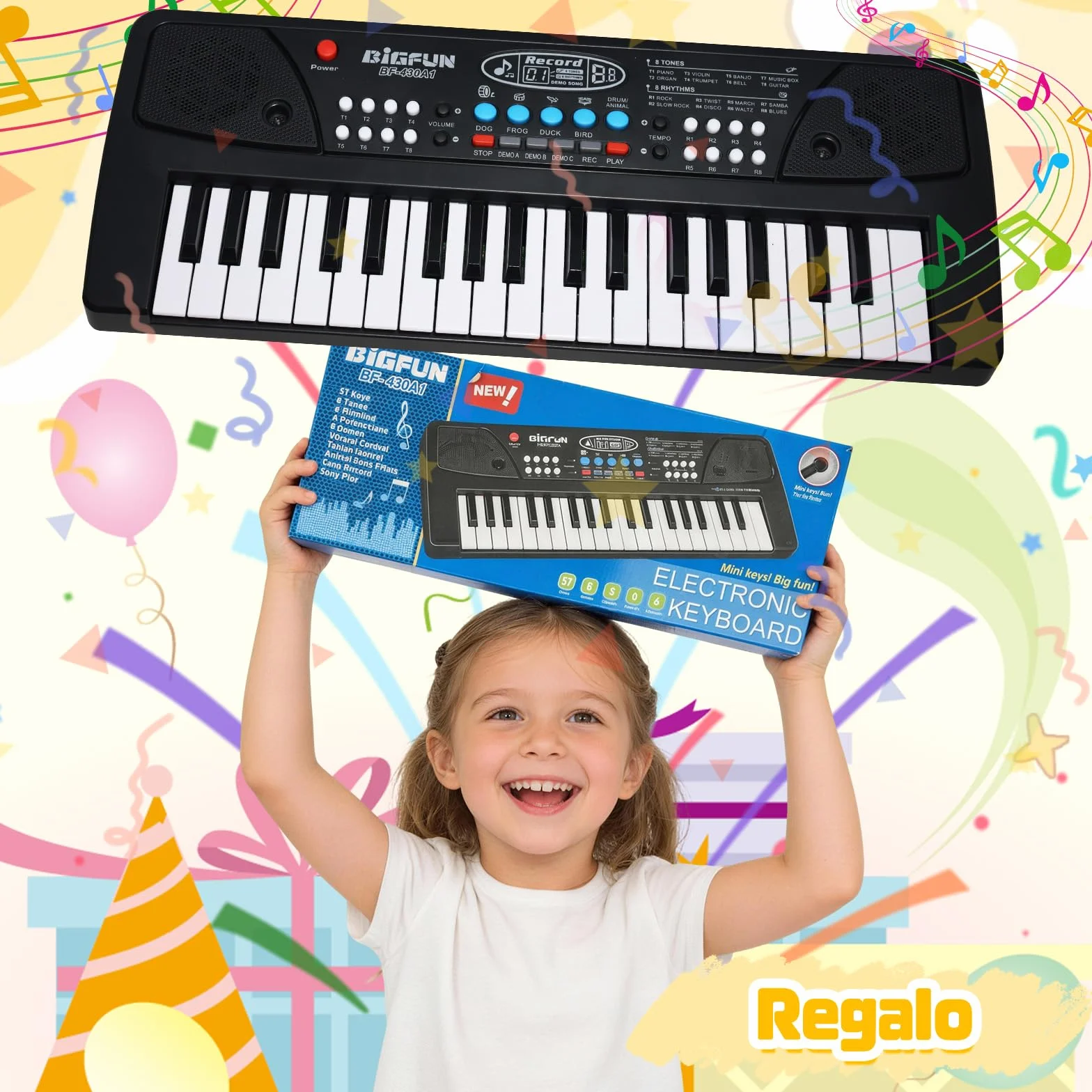 Tastiera Musicale per Bambini con Microfono – Pianoforte per Bambini 37 Tasti, Mini Pianola con Funzione di Registrazione, USB/Batteria