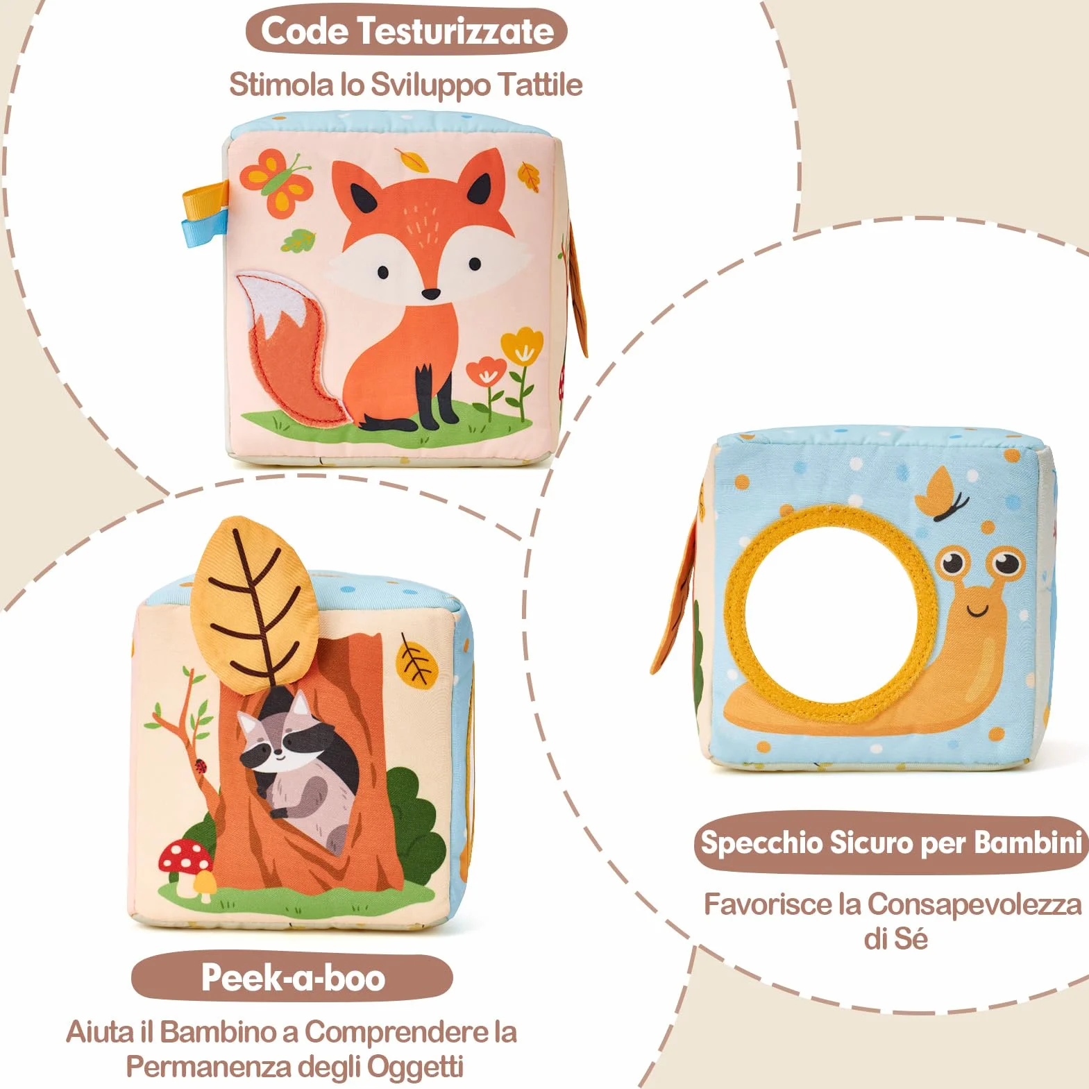 hahaland Scatola di Fazzoletti Montessori 3-6 Mesi, Giochi Neonati Sensoriali Scatoletta Interattiva in Tessuto e Specchio, Regalo Neonato Maschio