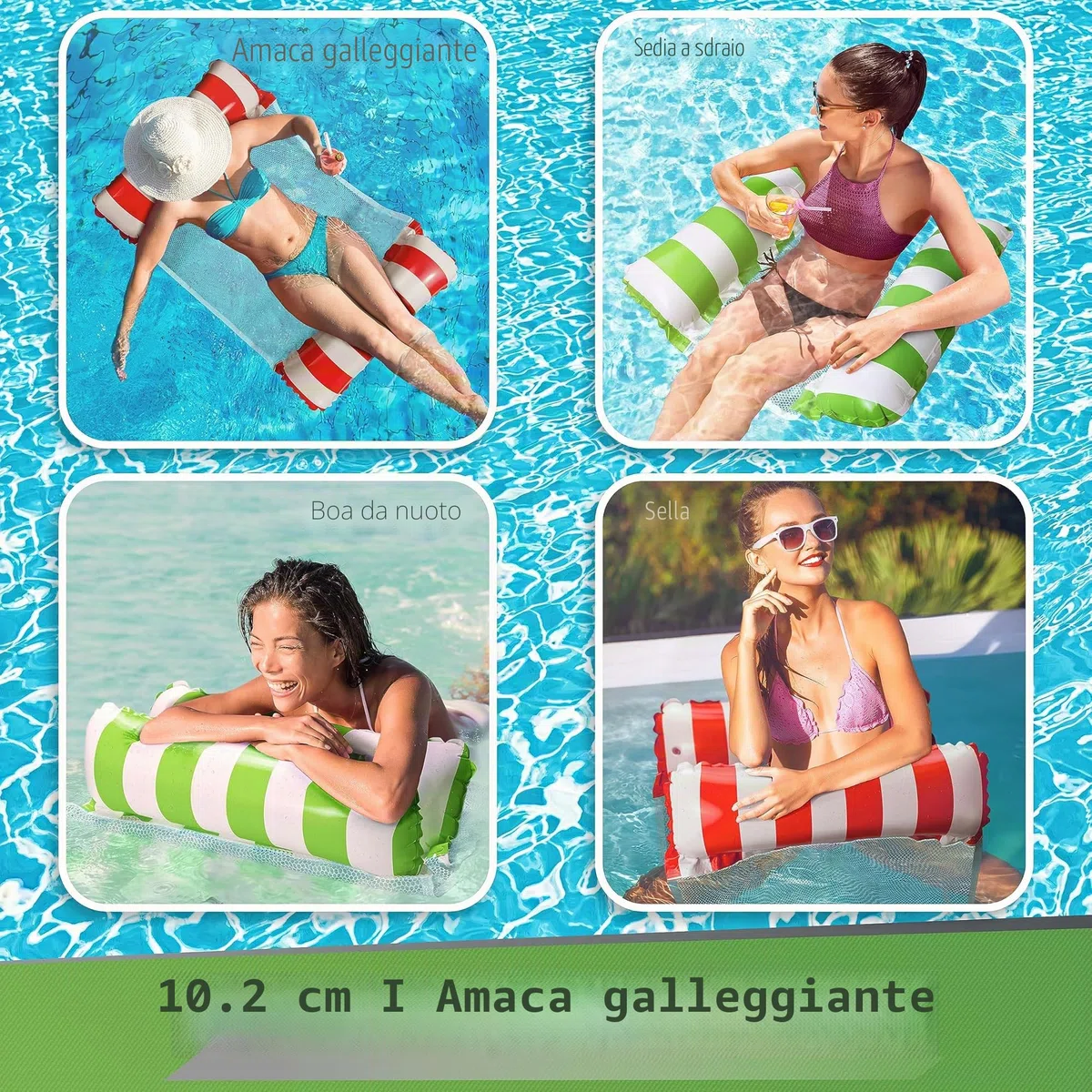 Balinco – Amaca gonfiabile ad acqua con 2 camere d'aria e rete in nylon per piscina – Materasso ad acqua per relax per adulti e bambini – Accessorio estivo per piscina (Verde/Bianco + Rosso/Bianco)