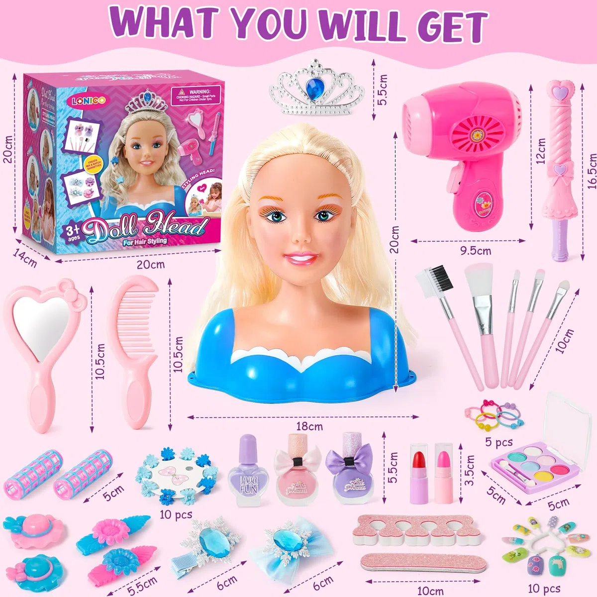 52Pcs Set Parrucchiere per Bambini Trucco in Stile Giocattolo, Hair Styling Head Teste da Truccare, Parrucchiere da Kit Bellezza Trucco Giocattolo Regali Natale Compleanno per Ragazze 3 4 5 6 Anni
