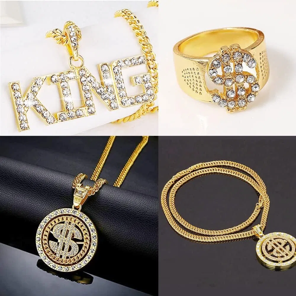 Set Accessori Rapper Costume Hip Hop Collana e Anello con Segno del Dollaro Catena d'oro Finta King Sign hip hop per Feste Anni '80 '90 Accessori per Rapper Decorazioni a Tema Mafia