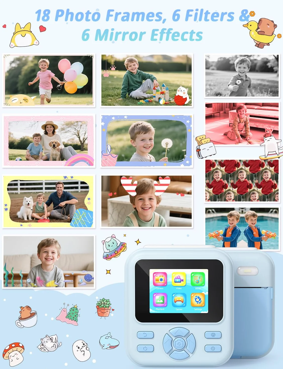 YOHOOLYO Macchina Fotografica Bambini Istantanea 2.4 Pollici, 1080P HD con scheda SD da 32GB, 6 penne colorate e 3 rotoli di carta da stampa, regalo per bambini da 3 a 14 anni-Rosa (Blu)