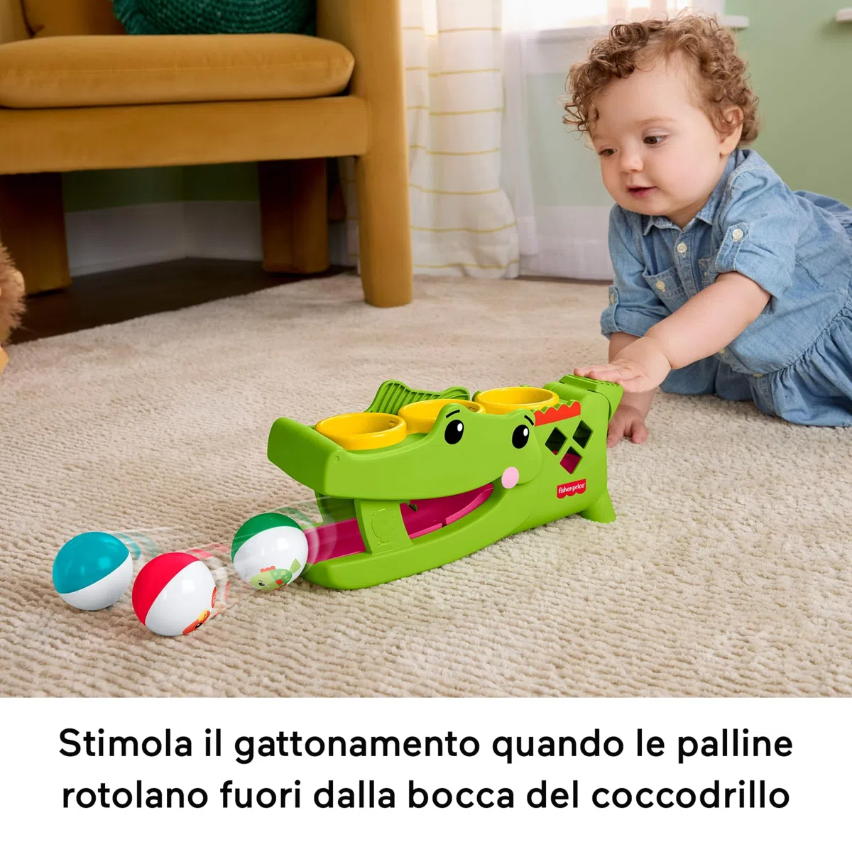Fisher-Price - Coccodrillo Baby Giocoliere, Giocattolo evolutivo con martelletto e 3 Palline per Lo Sviluppo della motricità e Le Prime Fasi del Gattonamento, 9+ Mesi, JLB94