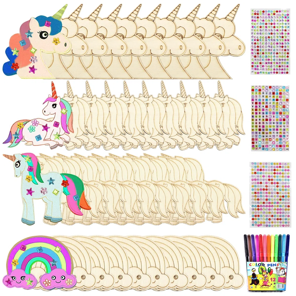 Qunkun Set fai da te in legno con unicorno, 55 pezzi, set fai da te creativo per bambini, set fai da te con matita ad acquerello e adesivi con pietre preziose