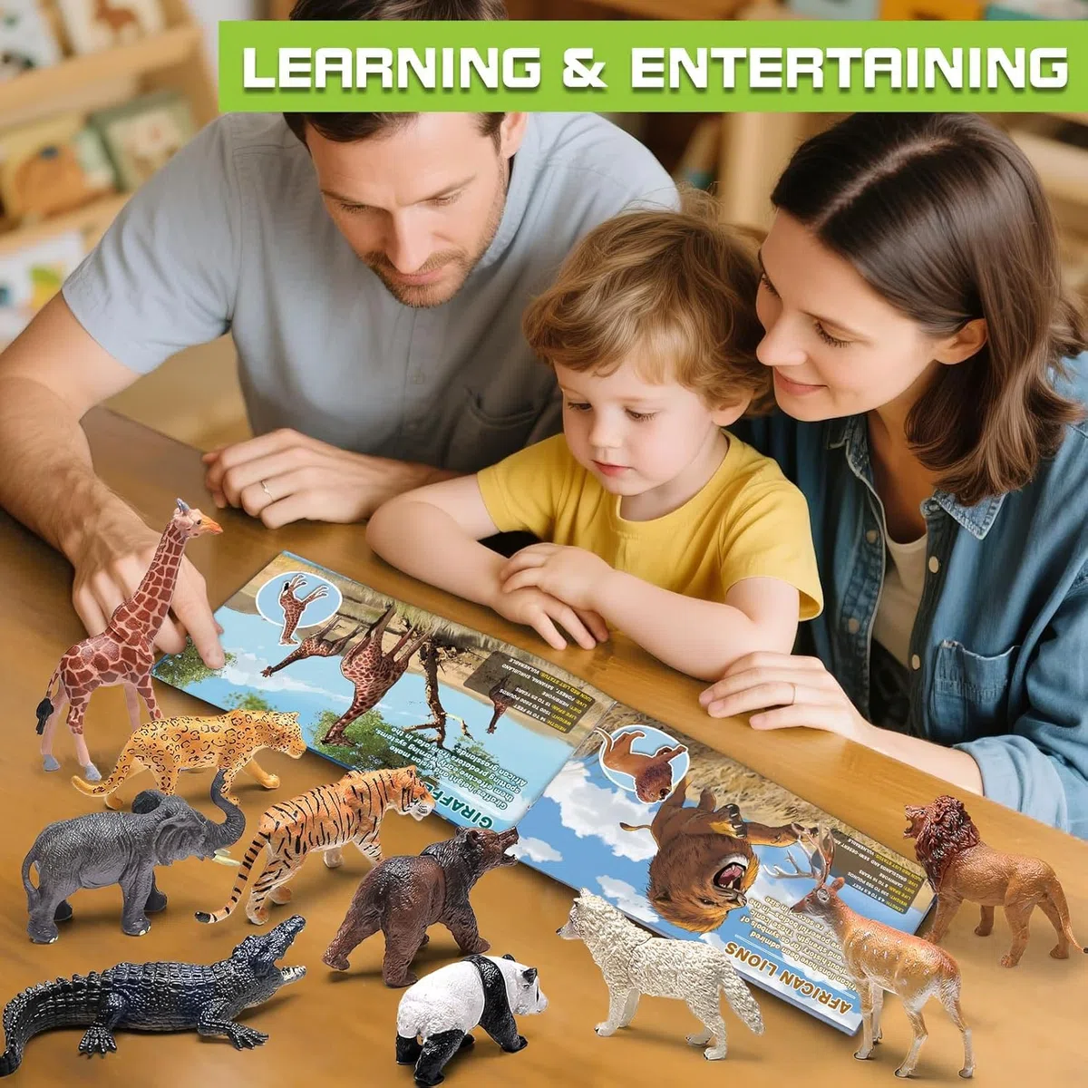 Confezione da 13 Giocattoli Animali Selvatici con Libretto Educativo e Scatola Regalo, Figure Realistiche di Animali Safari per Bambini, Figure in Plastica per Bambini 1–3 Anni, Regalo per Feste di Co