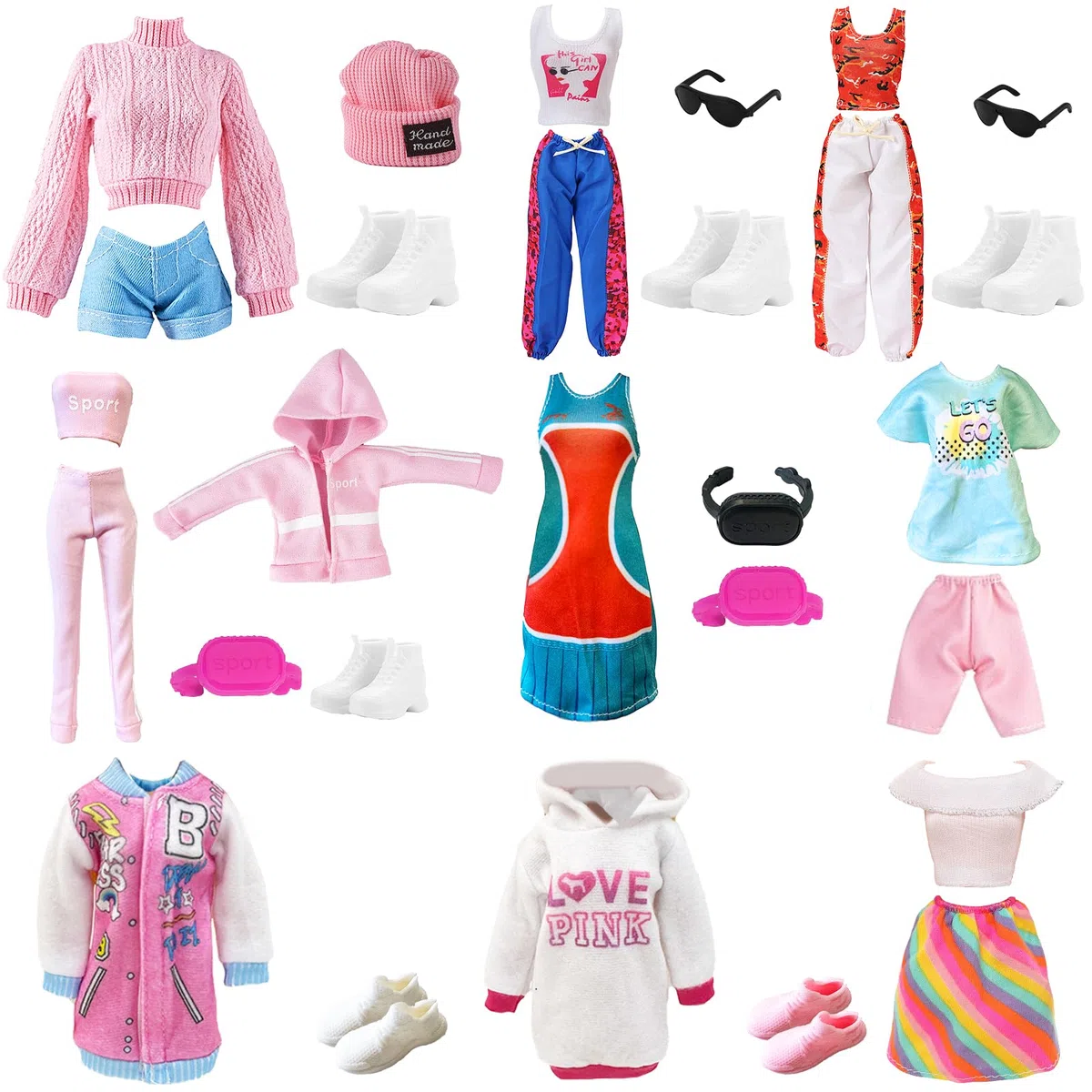 24 Pezzi Bambole Abbigliamento e Accessori, Vestiti Bambole, Include 1 Tuta Da Allenamento, 3 Set a Maniche Corte, 1 Set Di Canottiera, 10 Scarpe, 8 Accessori Stile Casuale per 30cm Bambole