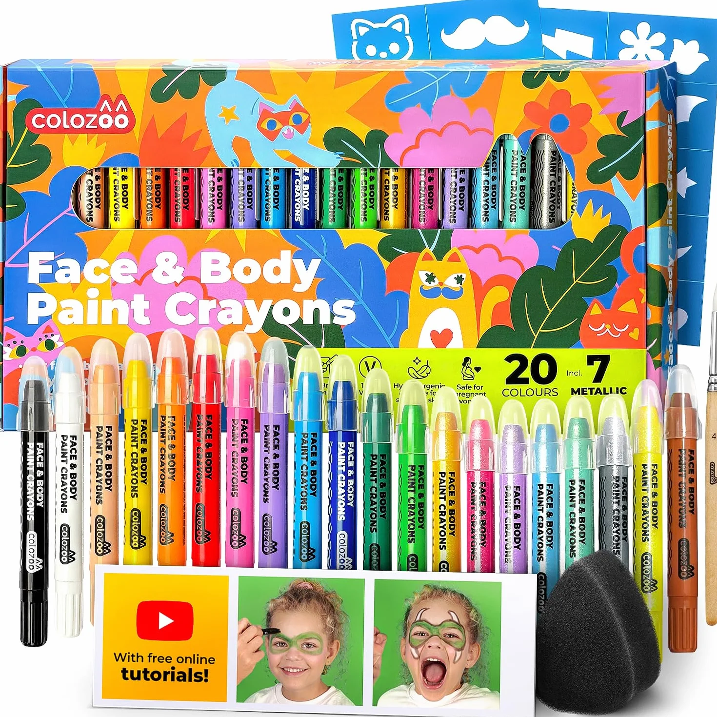 Kit di matite trucco Colozoo 20 colori per bambini | Pittura viso con pennelli e stencil | Trucco bambini, pittura pancione, trucco carnevale, matite trucco viso, make-up bimbi sicuro