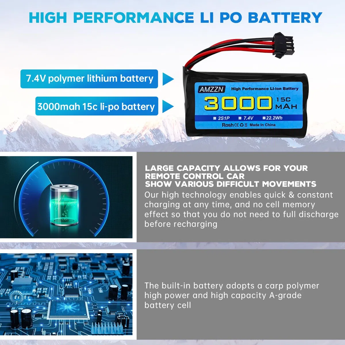 7.4V 3000mah 15C 2S SM-4P spina Li-ion batteria con caricabatterie USB per EC08 DE85 RC auto,Camion RC nave telecomando drone ingegneria veicolo batteria di riserva