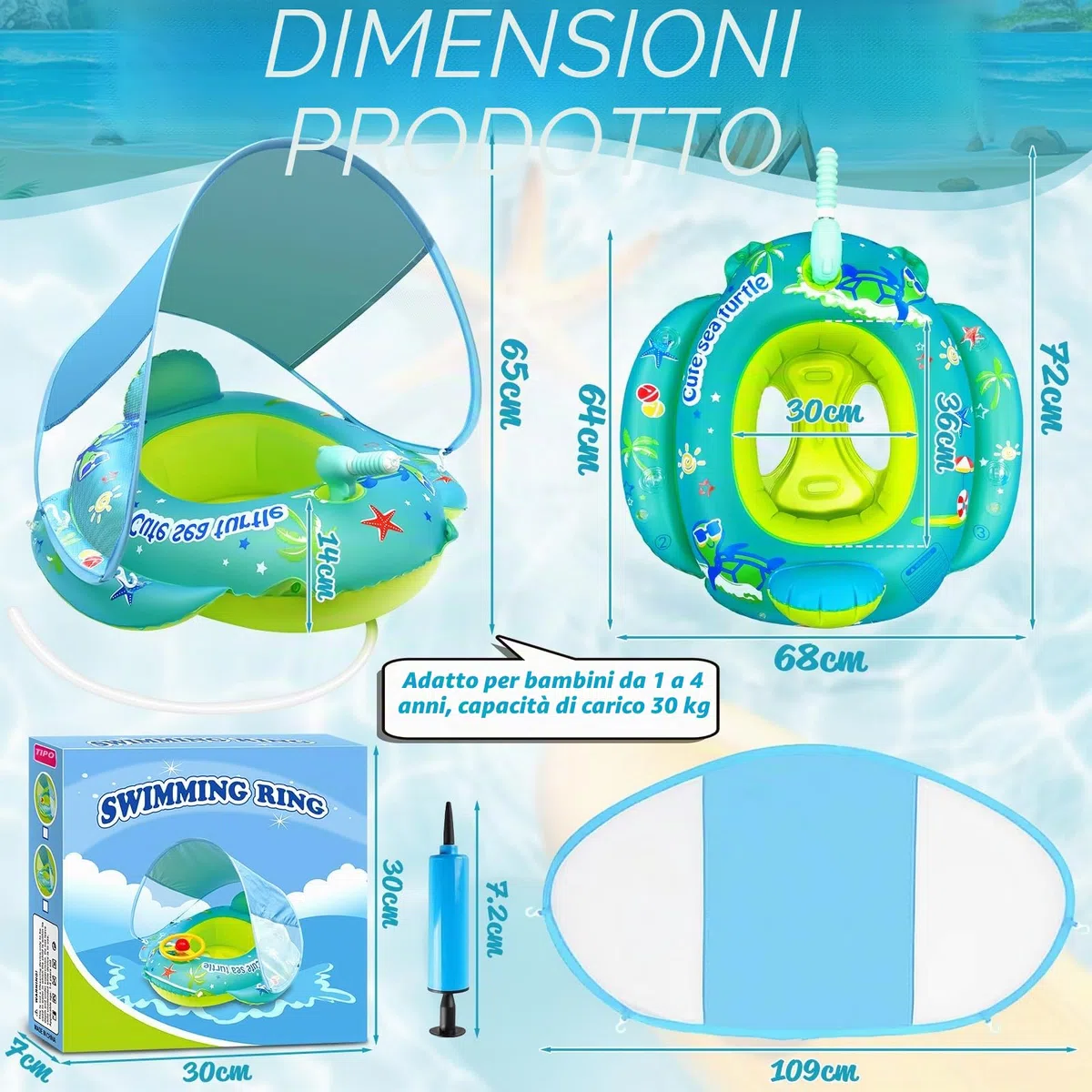 Anello da nuoto per bambini, Ciambella da nuoto per bambini, sedile di sicurezza con pistola ad acqua e tettuccio parasole, Salvagente Bambino per Piscina per bambini da 1 a 4 anni