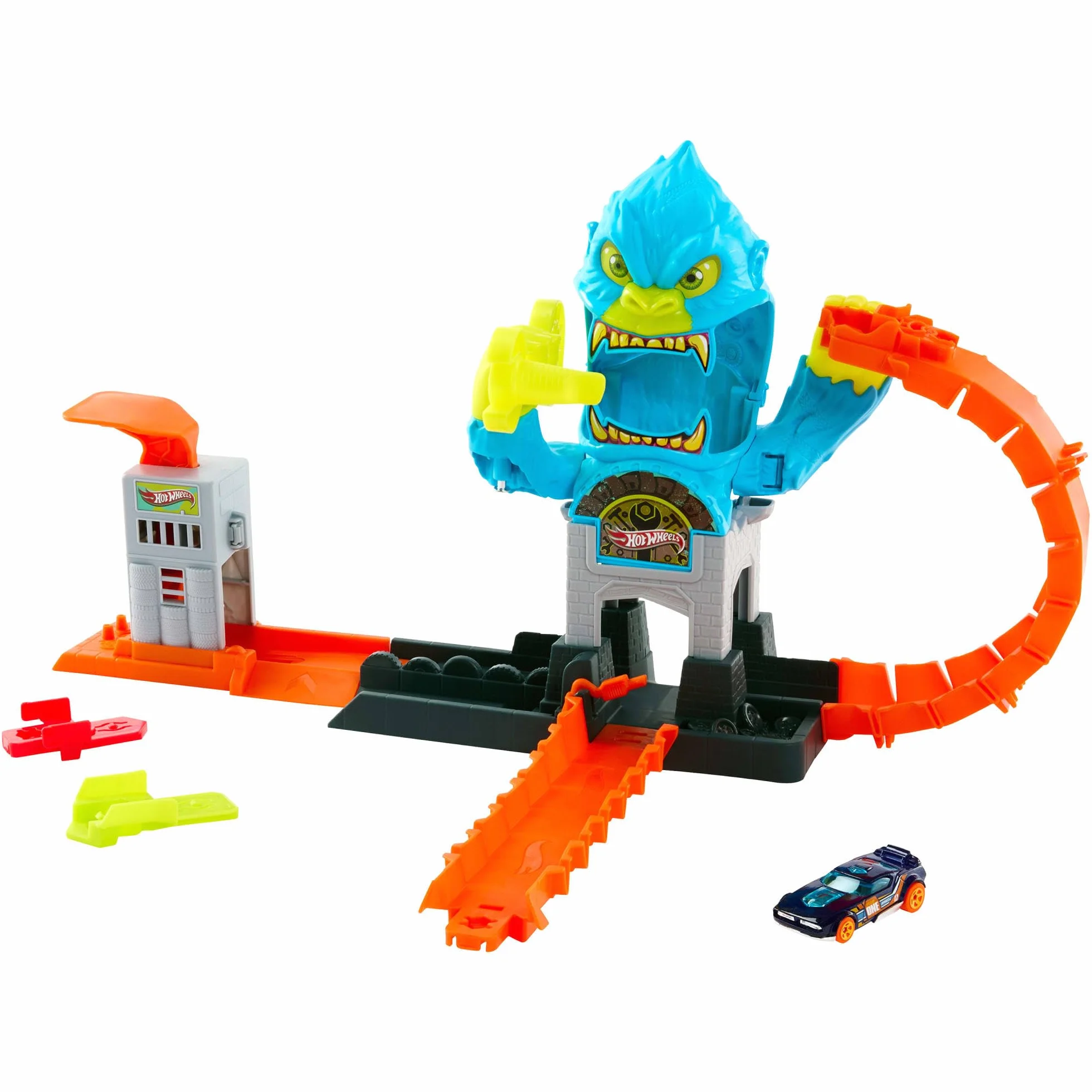 Hot Wheels - Attacco del Gorilla, set con curva pieghevole e officina, sconfiggi il gorilla e vinci la corsa, veicolo incluso e pista con sistema Speed Snap, 4+ anni, JHL92