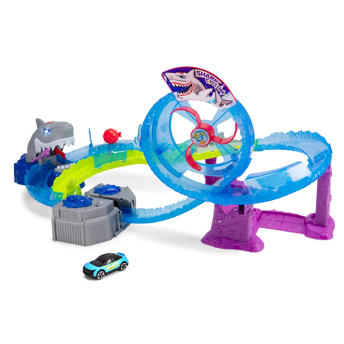 Dickie Toys - pista da corsa per auto White Shark, con auto giocattolo in metallo, luci e suoni, +3 anni, (50 x 55 x 32 cm), 203338002