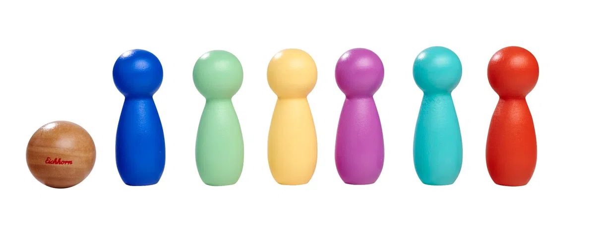 Eichhorn – Games – Gioco di Bowling con 6 Pin e Una Sfera di Legno, Tavolo colorato Bowling, 7 Pezzi, in Legno di Betulla, dai 3 Anni in su