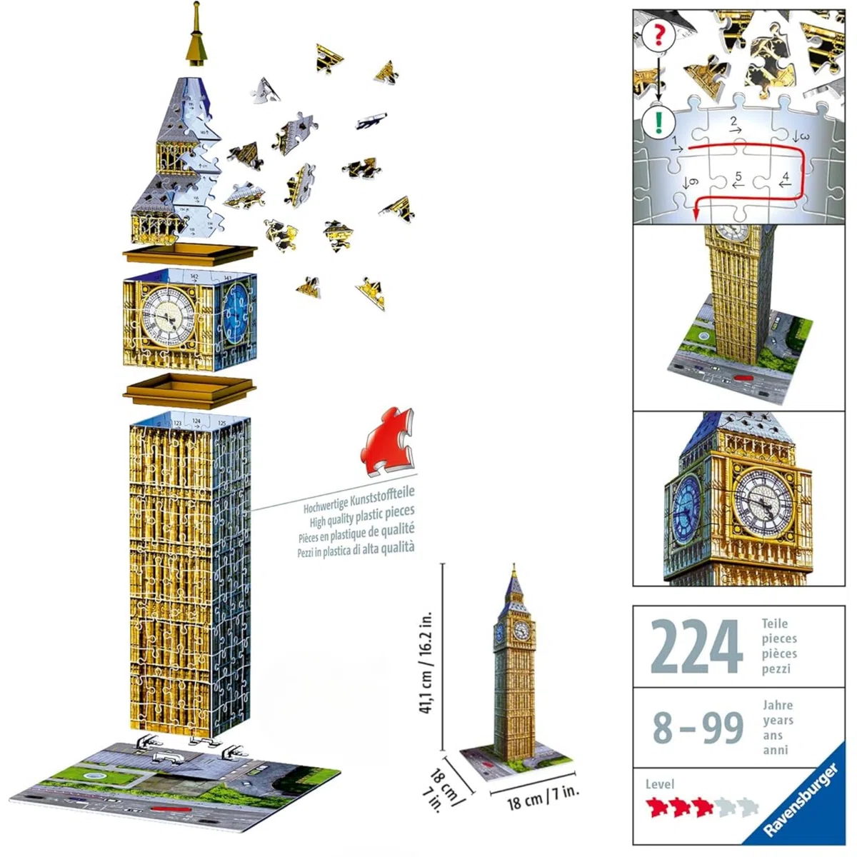 Ravensburger - Puzzle 3d Big Ben | Puzzle 3d Per Adulti E Bambini A Partire Dagli 8 Anni | Modellismo Da Costruire Adulti Di 224 Pezzi | Regalo Bambino 8 Anni E Più