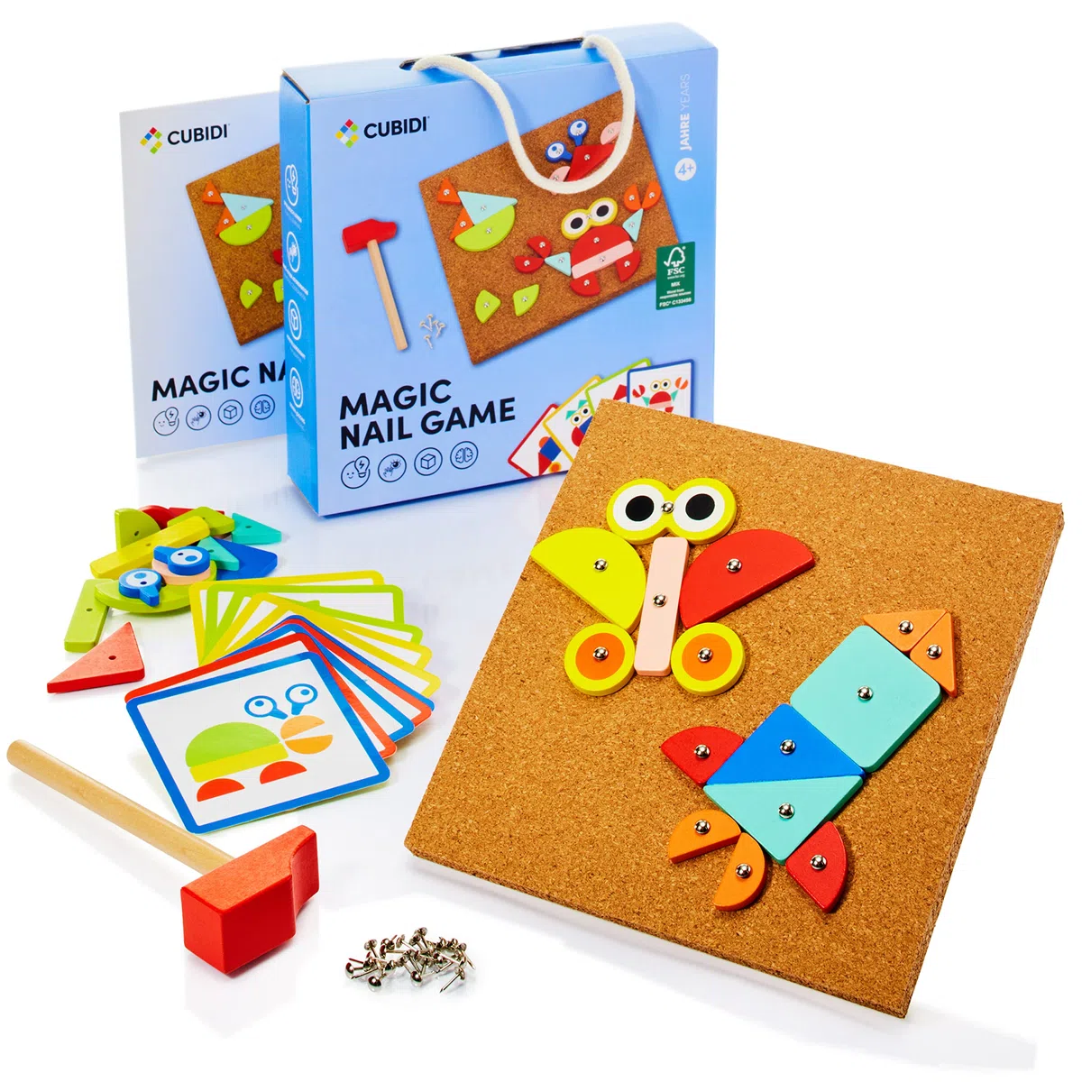 CUBIDI® Gioco con Martello e Chiodi Bambini Montessori - Kit Lavoretti Creativi per Bambini con Lavagna in Sughero. Giochi da Tavolo per Sviluppare la creatività e Le Abilità Motorie Fini.