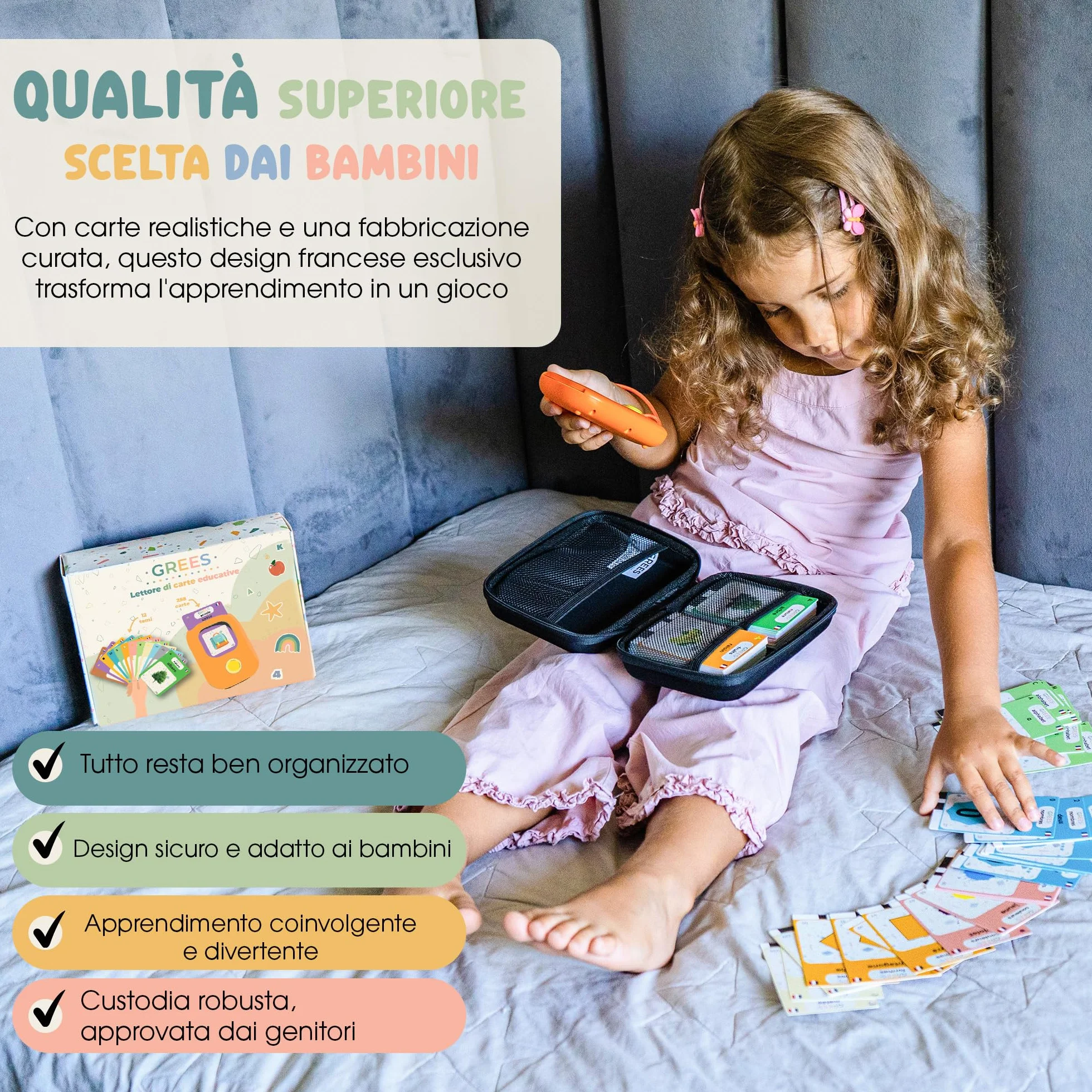 GREES Lettore Carte Educative Parlanti con Borsa | Flash Cards 258 Parole Italiano, 12 Temi | Giocattoli Montessori Senza Schermo Bambini 2-7 Anni | Linguaggio, Logopedia, Autismo | Regalo Compleanno