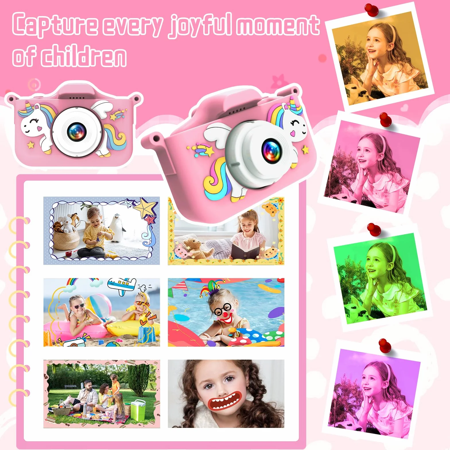 Fotocamera per bambini 1080P con 32GB e giochi - Fotocamera digitale per bambini dai 3 anni in su, fotocamera selfie con custodia in silicone unicorno, funzione di ricarica USB, musica e giochi