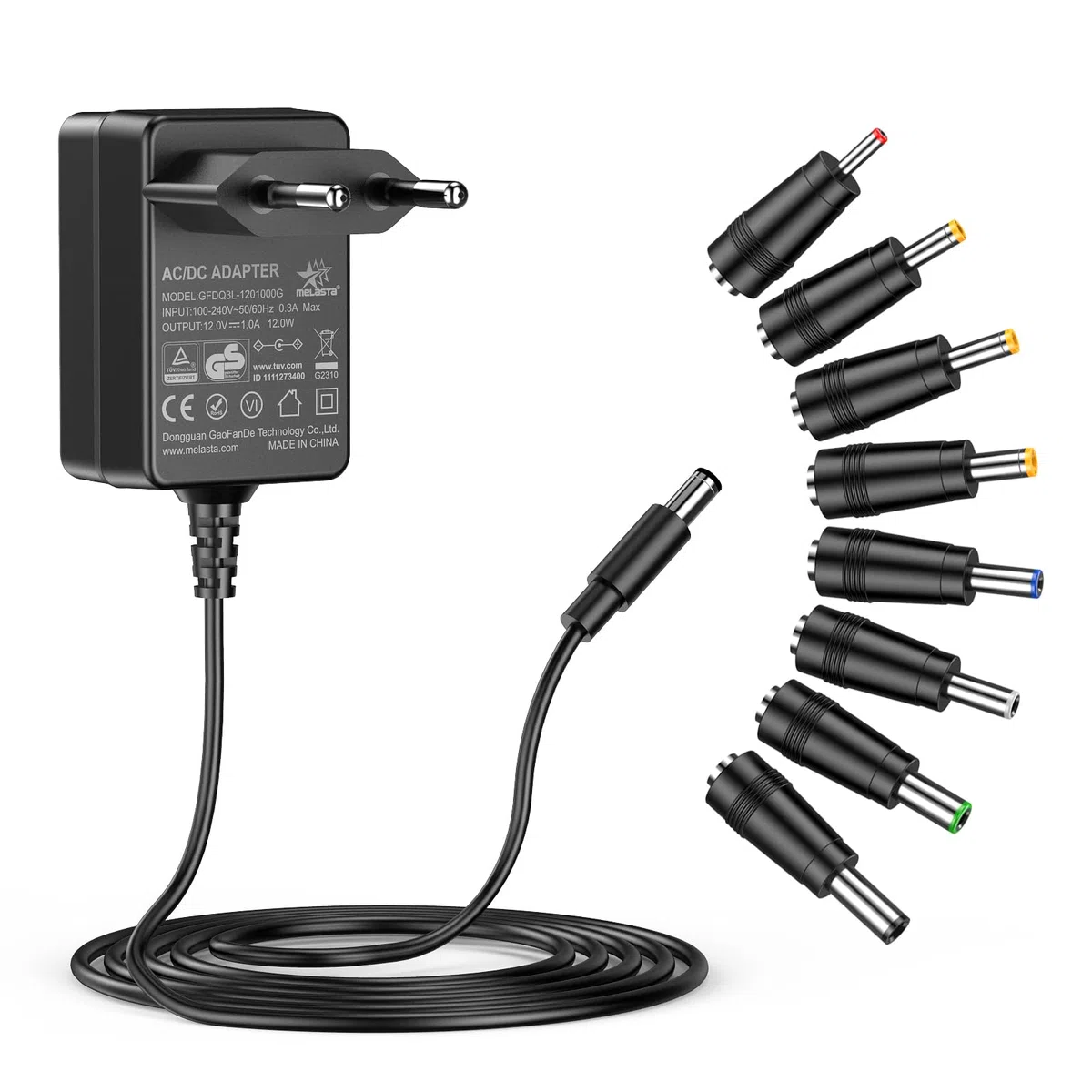 melasta AC/DC Adattatore universale 12V 1A con 8 Connettori DC per Strisce LED, Router senza Fili, Gatti ADSL, HUB, Interruttore, Alimentatori Audio/Video, 0.3A Max, Solo per Caricabatterie a 12V