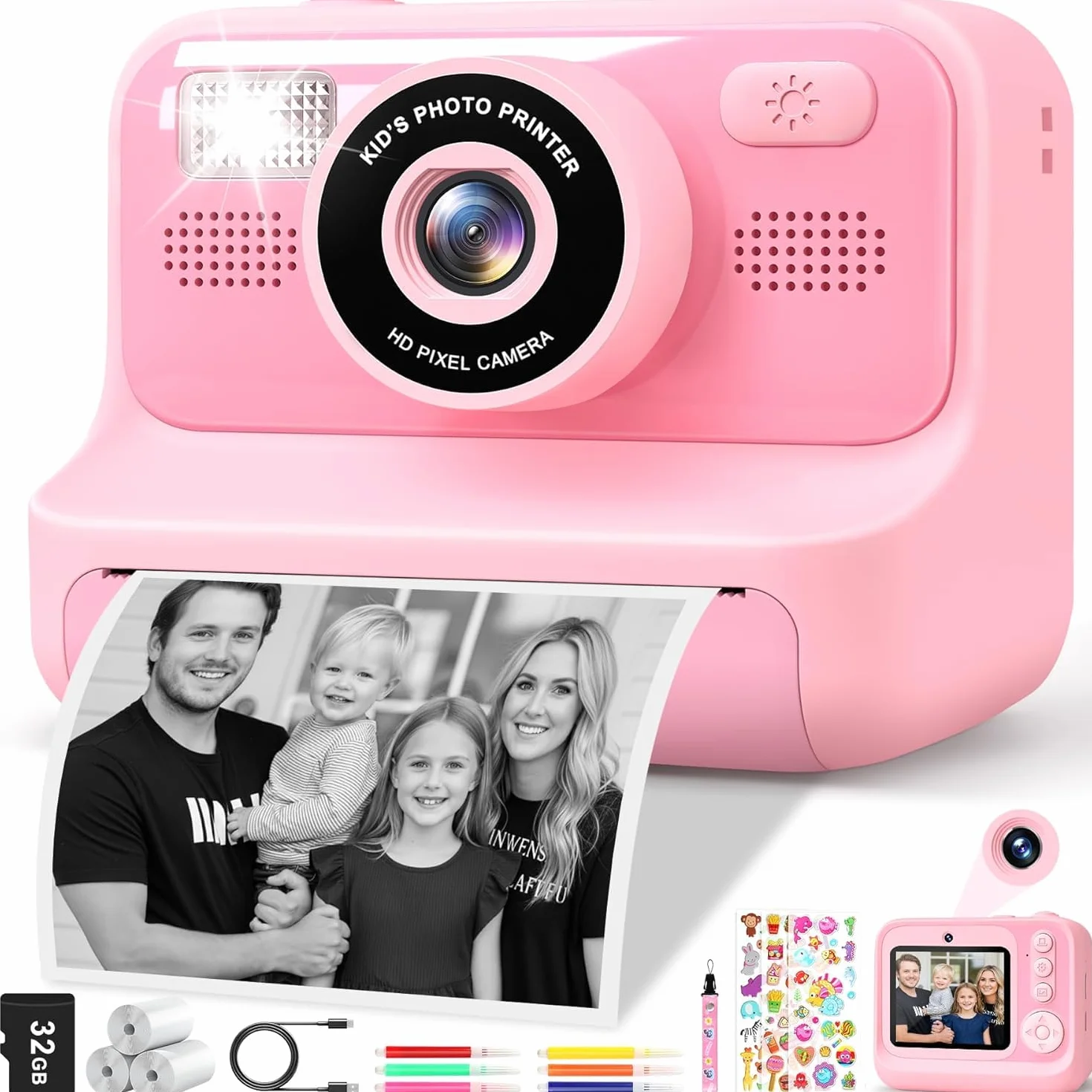 Macchina Fotografica Bambini, 2.4" HD Selfie Fotocamera Bambini con Scheda da 32 GB e 3 Rotoli di Carta da Stampa, Giochi Regalo Natale bambini bambino Nero digitale(Rosa)