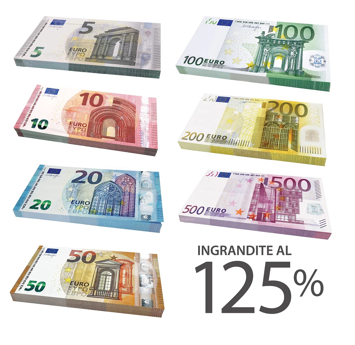 Scratch Cash Bundle 175 Dimensioni Aumentate al 125%, Banconote Finte 25 x 5, 10, 20, 50, 100, 200, 500 Euro, Fac-Simile Euro
