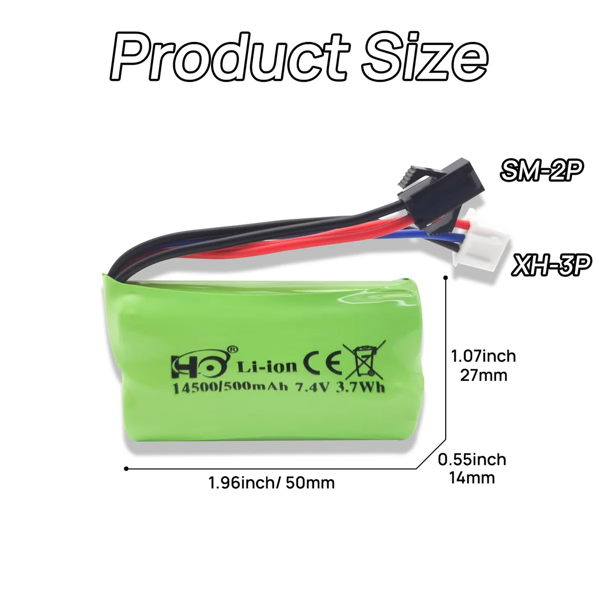 2 batterie plug in litio da 7,4 V 500 mAh SM-2P per auto RC, adatte per giocattoli RC, modellini auto, fuoristrada e altri dispositivi che necessitano di batterie ricaricabili.