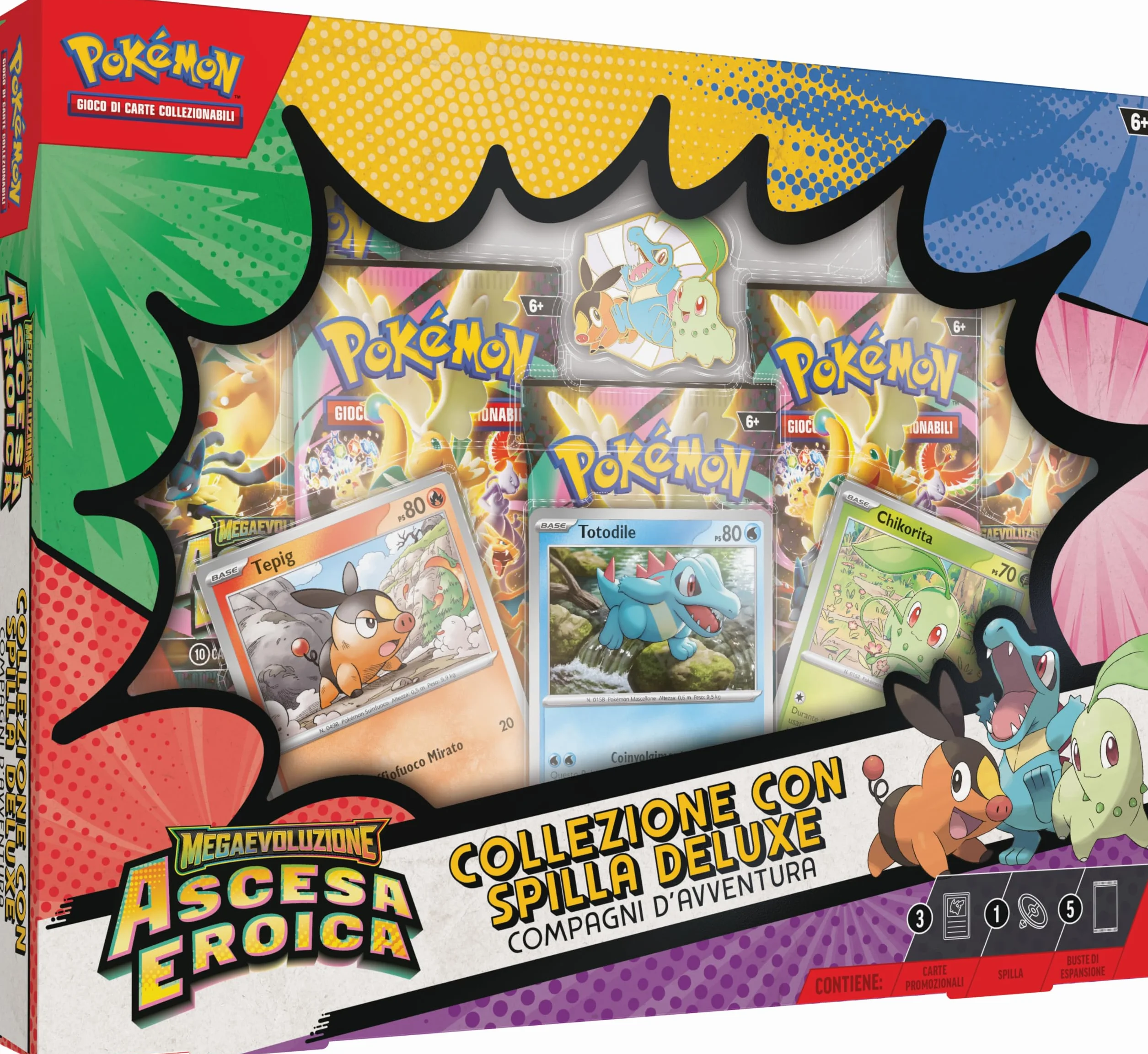 Pokémon: collezione con spilla deluxe Compagni d’avventura dell’espansione Megaevoluzione - Ascesa Eroica del GCC Pokémon (3 carte promozionali olografiche, 1 spilla deluxe e 5 buste di espansione)