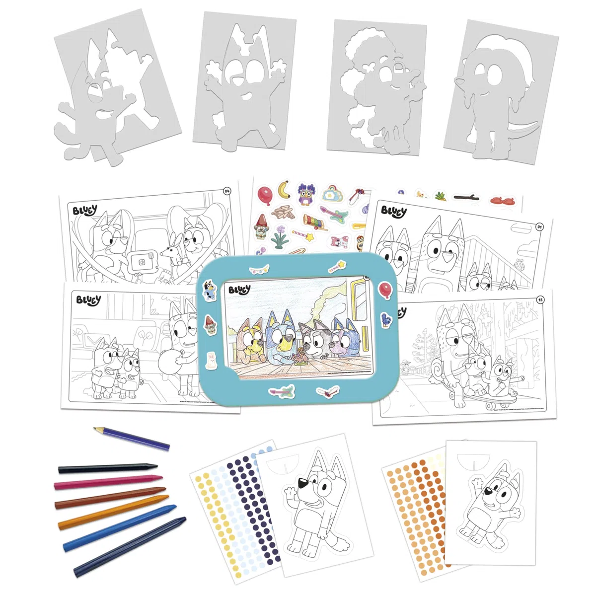 Educa - Set creativo Bluey 3 in 1 con tre attività: dipingere con i numeri, creare 2 figure 3D da decorare e disegnare i personaggi della serie Bluey con gli stencil. Da 3 anni in su (19887)